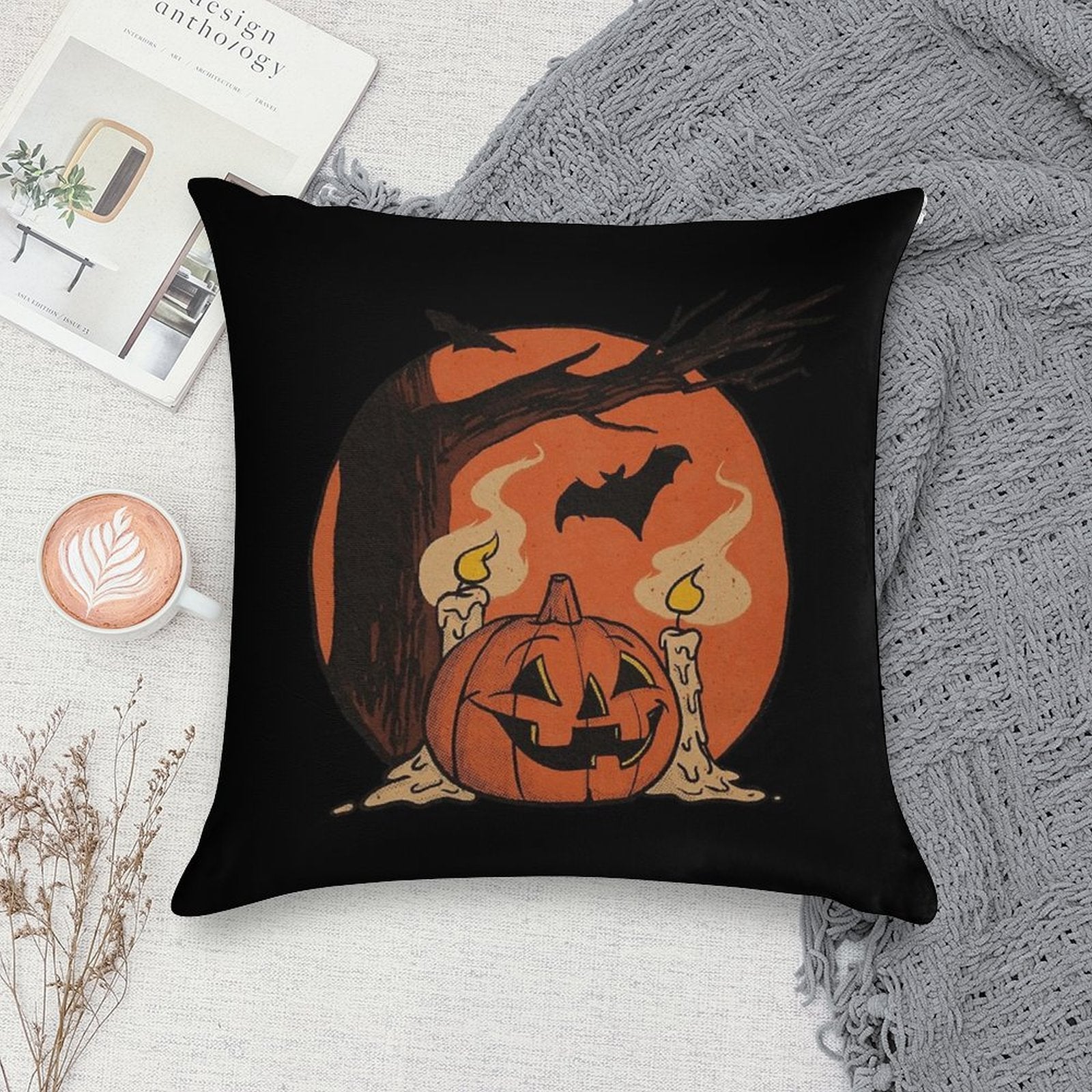 Vintage Pumpkin Scene Halloween Soft Durable Construction Throw Pillow