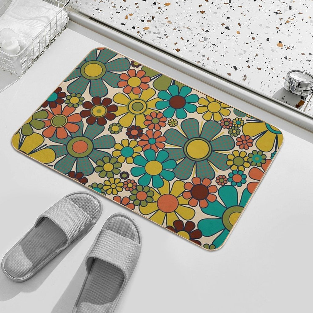 Retro Garden Gingham Flowers 70s Floral Pattern 2 in Mid Century Modern Olive Mustard Teal Orange  High-Traffic Bath Mat