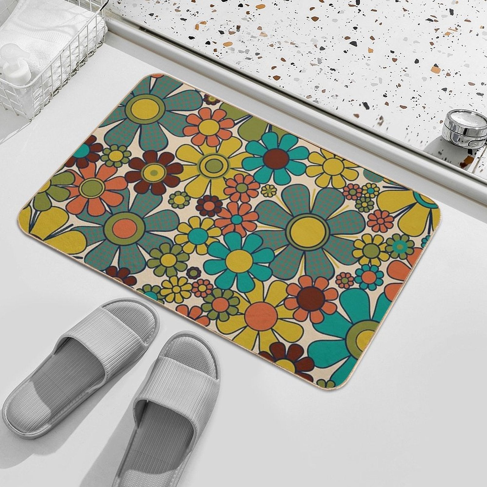 Retro Garden Gingham Flowers 70s Floral Pattern 2 in Mid Century Modern Olive Mustard Teal Orange  High-Traffic Bath Mat