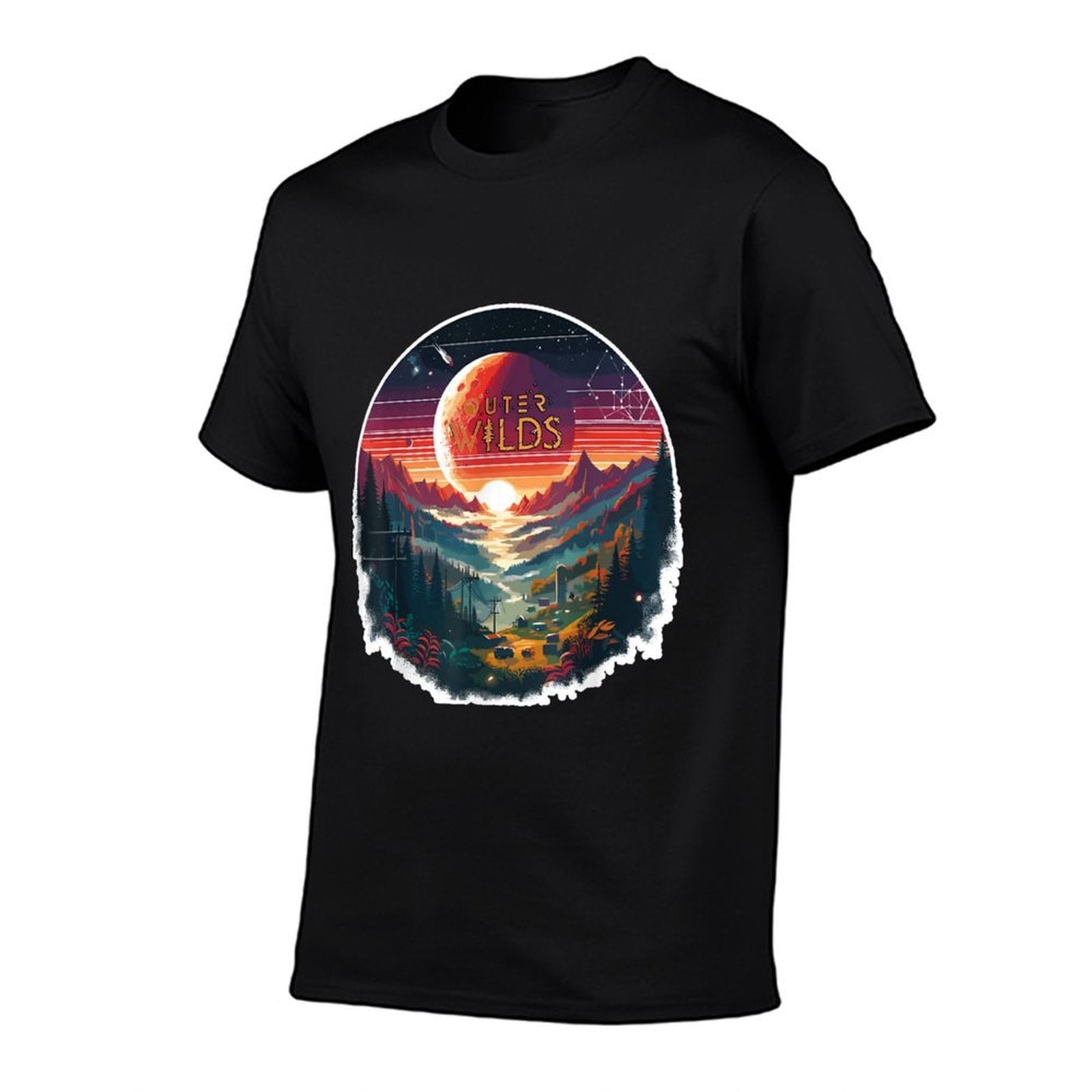 Outer Wilds Text Moon Mountain Forest Tree House Sun  Oversized Silhouette T-Shirt