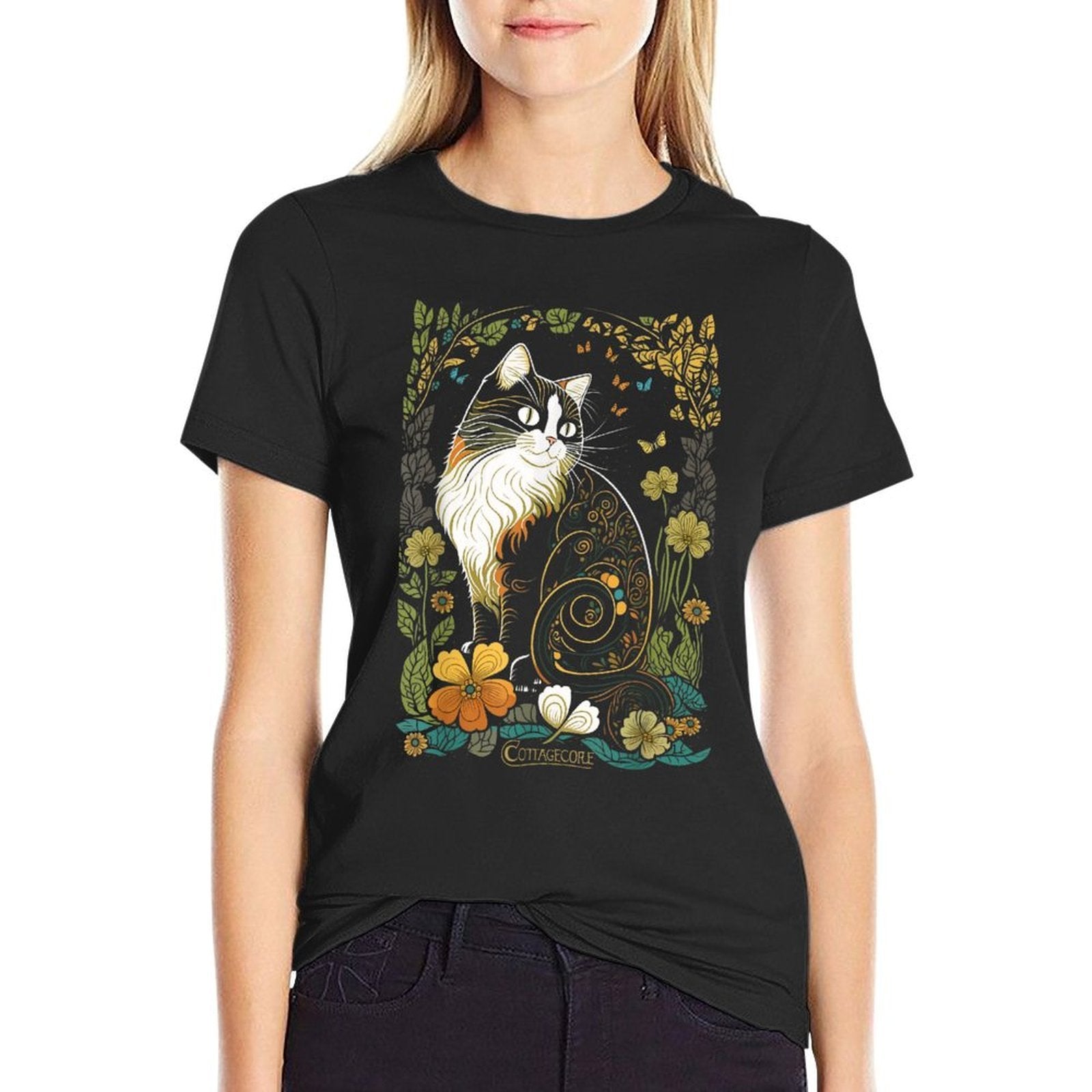 Cute Cottagecore Aesthetic Cat Flowers Butterflies Cat Mom  Breathable T-Shirt