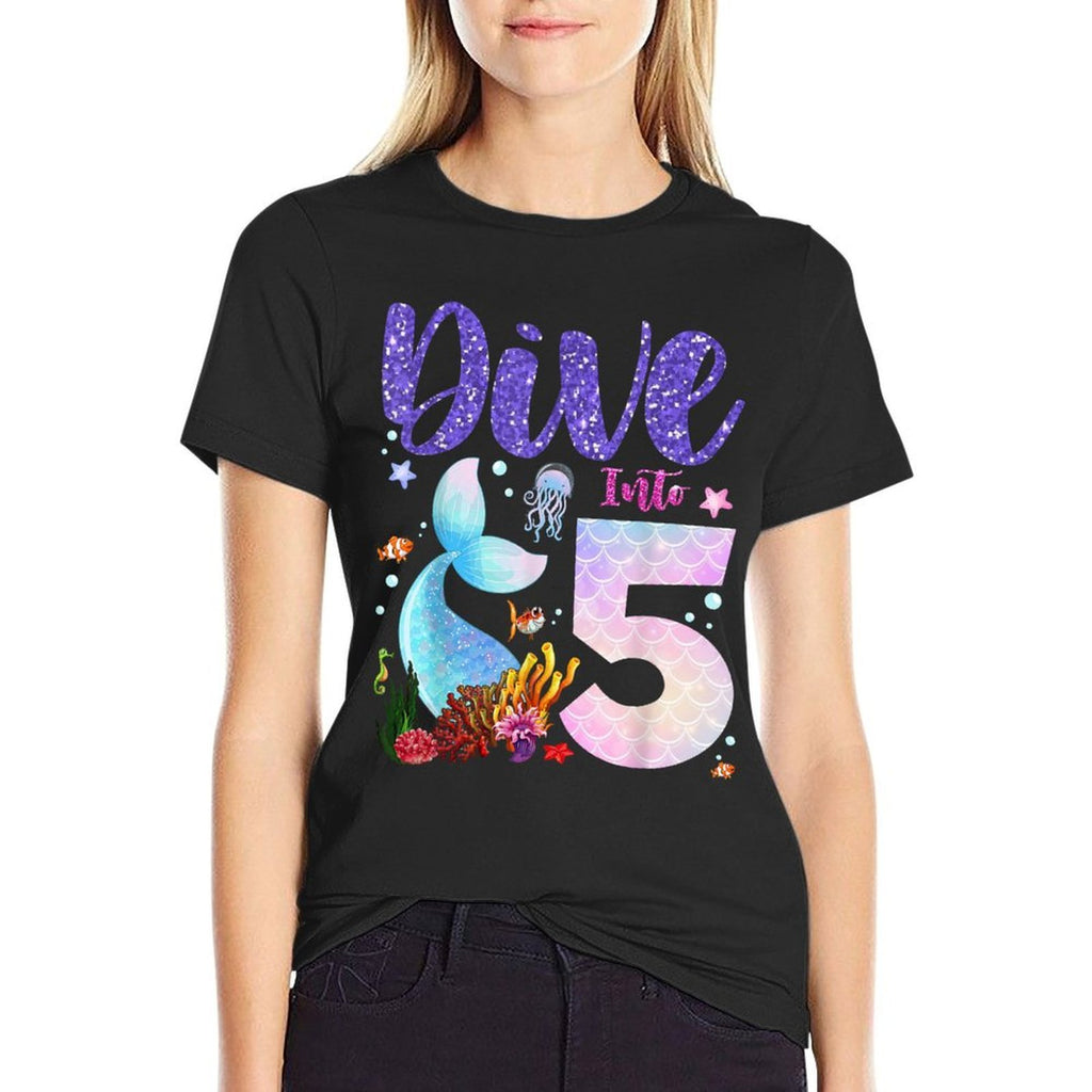 Dive Into 5 Birthday Decorations Girl 5th Birthday Mermaid  Graphic-printed T-Shirt