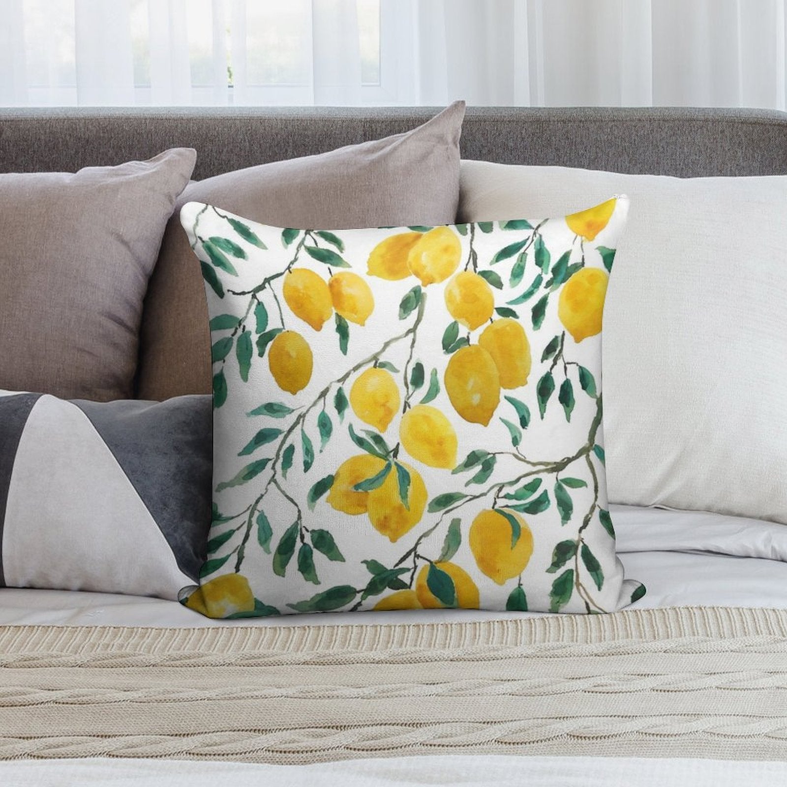 Hand Painted Watercolor Yellow Lemon Pattern Soft Decorative Cover Throw Pillow