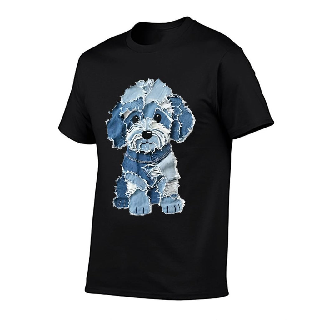 Retro Funny Denim Patch Animal Dog Print  Summer-ready Fabric T-Shirt