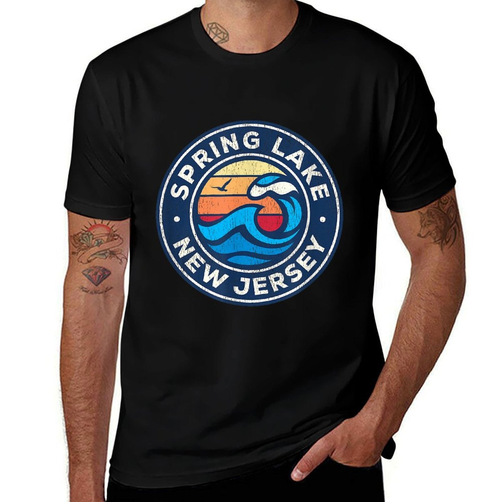 Spring Lake New Jersey NJ Vintage Nautical Waves Design  Cotton T-Shirt