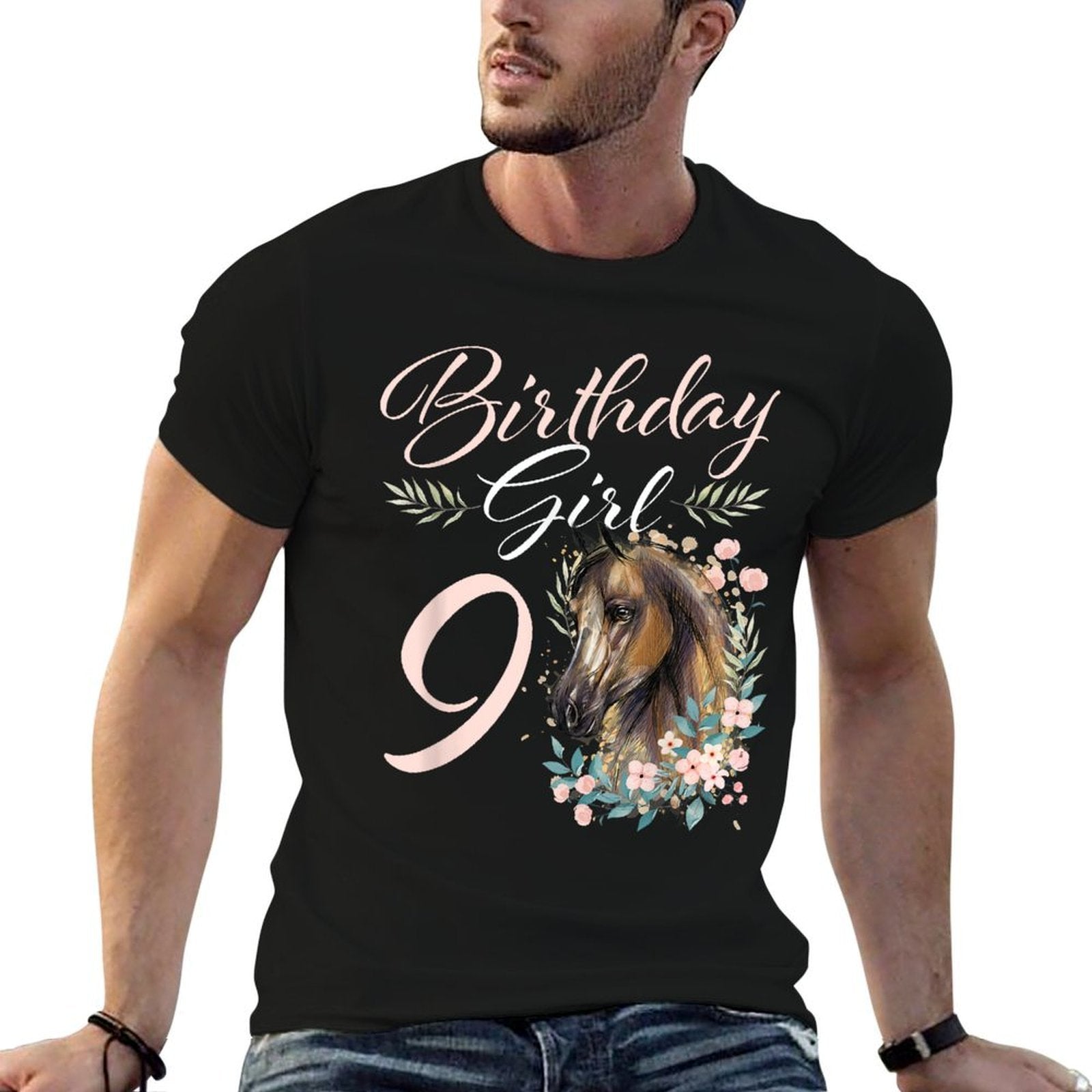 9th Birthday Girl Horse Lover 9 Years Old Bday  Cotton T-Shirt