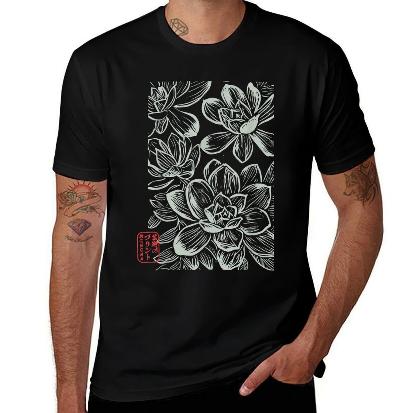Japanese Boho Flowers – Sumi-e Style Floral Botanical Art  Rolled Sleeves T-Shirt