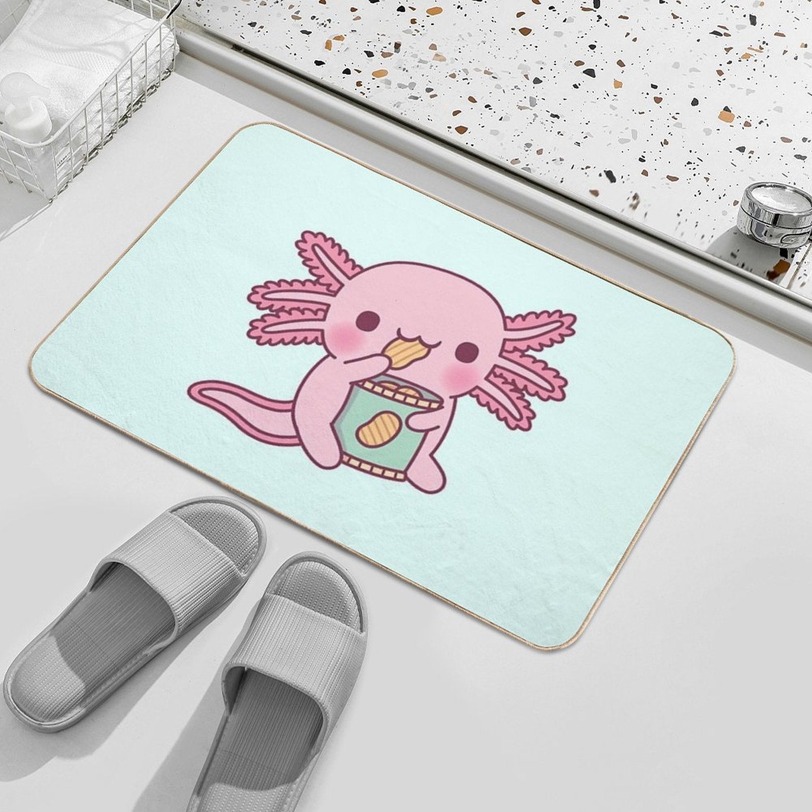 Cute Axolotl Eating Potato Chips  Odorless Bath Mat