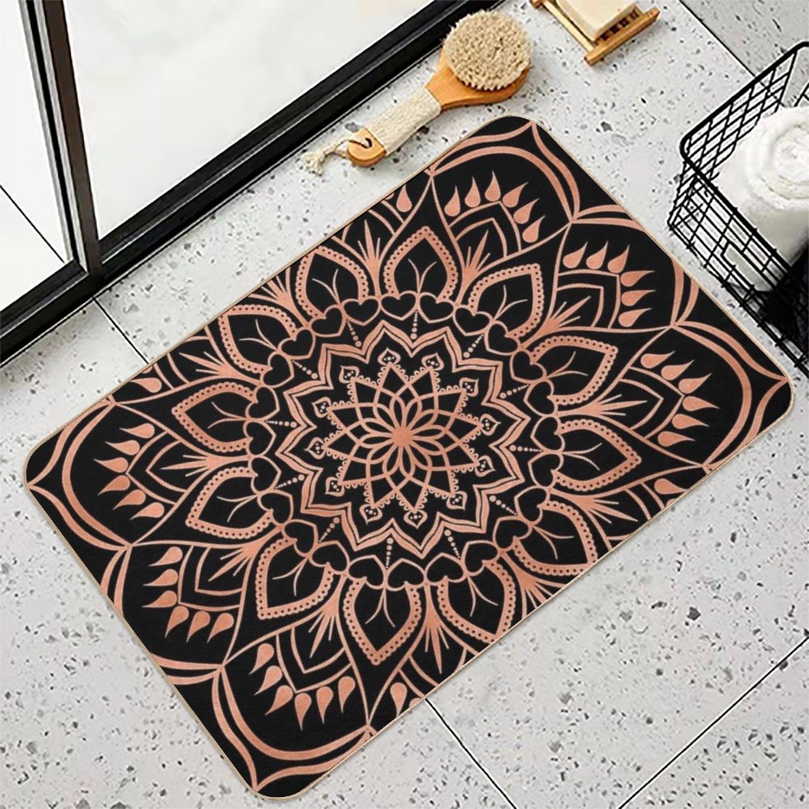 Rose Gold Mandala Pattern - Black  Anti-Trip Bath Mat