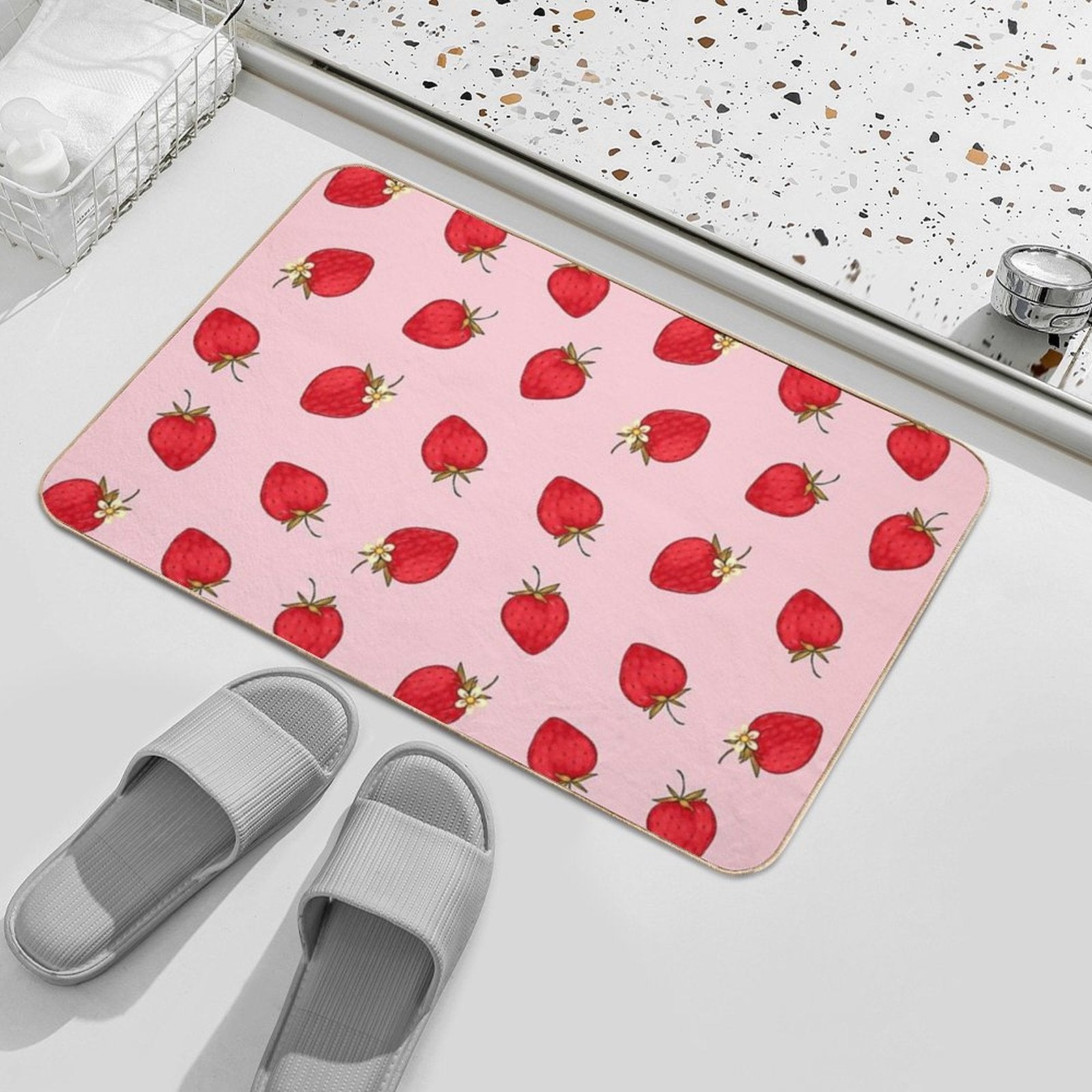 Cute Strawberries Pattern Red Pink Pastel Aesthetic  Long-Lasting Bath Mat