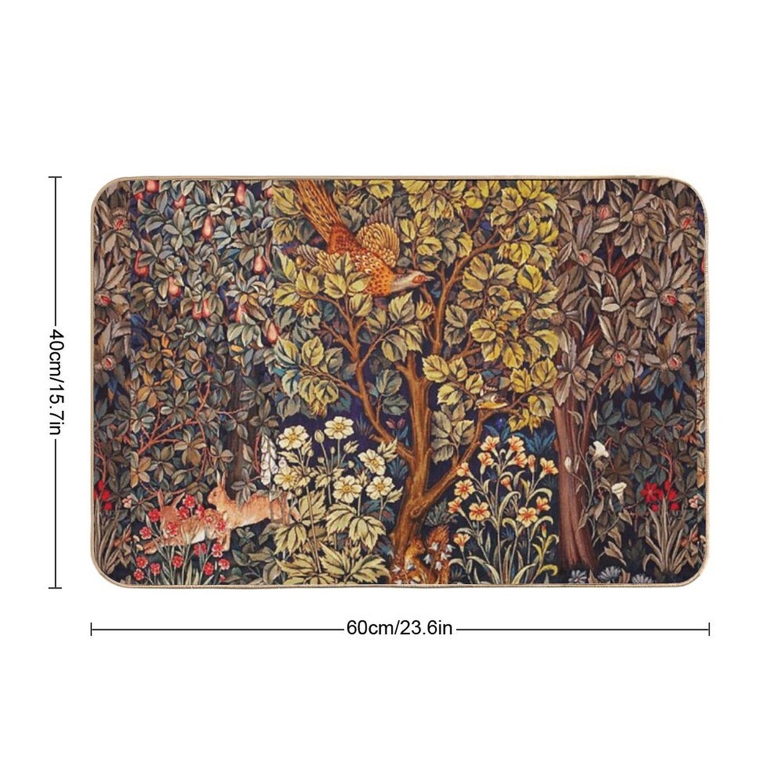GREENERY,FOREST ANIMALS Pheasant on Autumn Tree,Squirrel,Hares,Red Yellow Floral Tapestry  Non-Slip Bath Mat