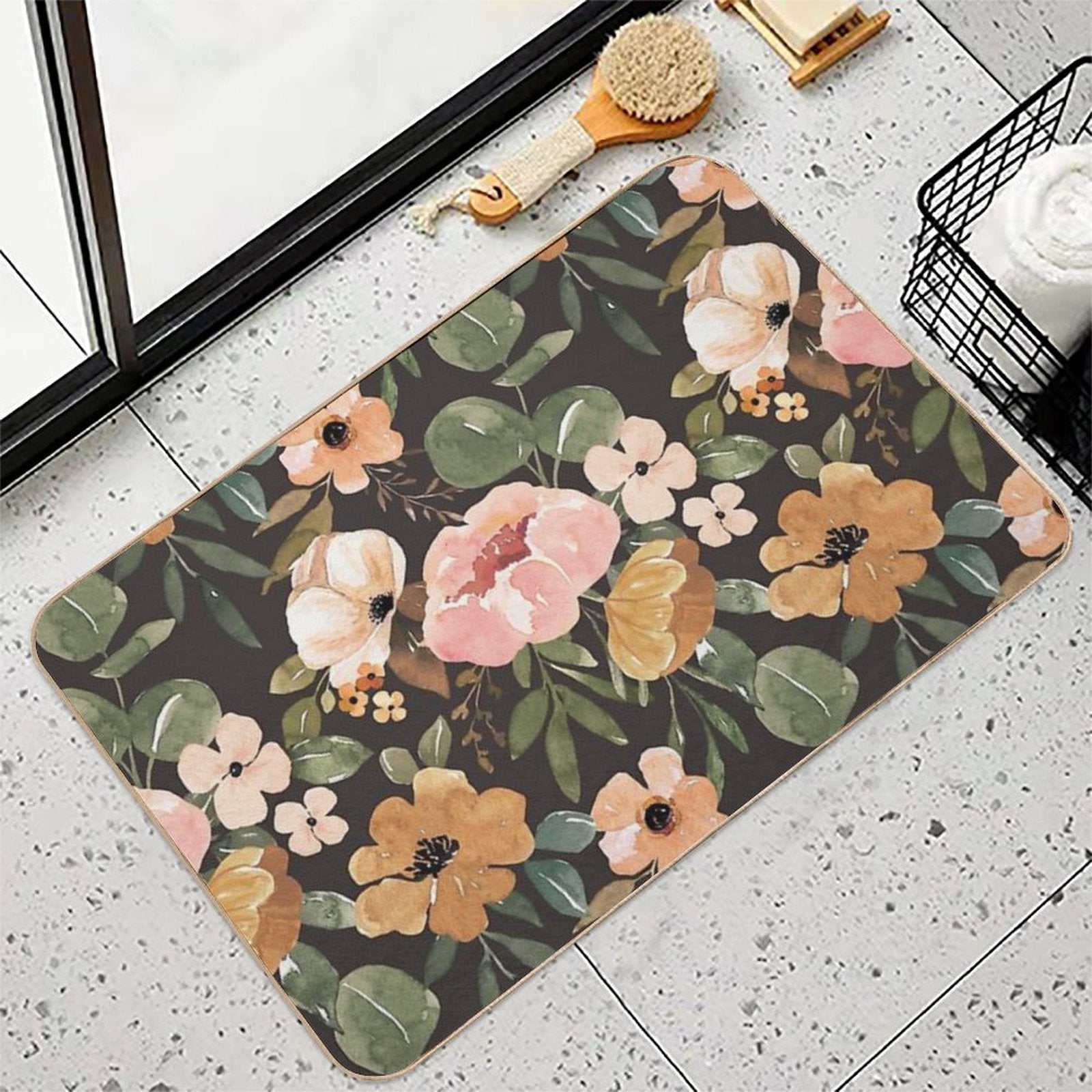 Boho Floral, Moody Floral, Blush Pink Watercolor Flowers, Vintage Floral Decor  Pet-Safe Bath Mat