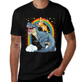 Cat Riding Dinosaur T-Rex Kitten Rainbow Dino Funny  Ribbed Collar T-Shirt