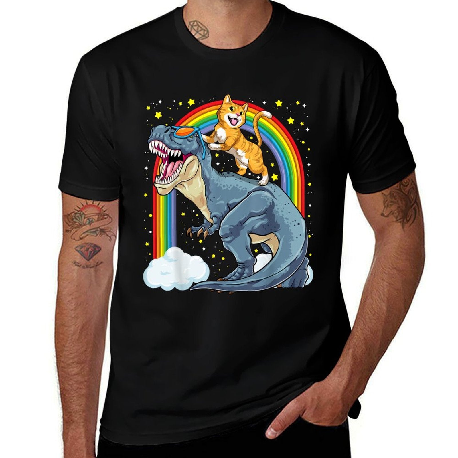 Cat Riding Dinosaur T-Rex Kitten Rainbow Dino Funny  Ribbed Collar T-Shirt