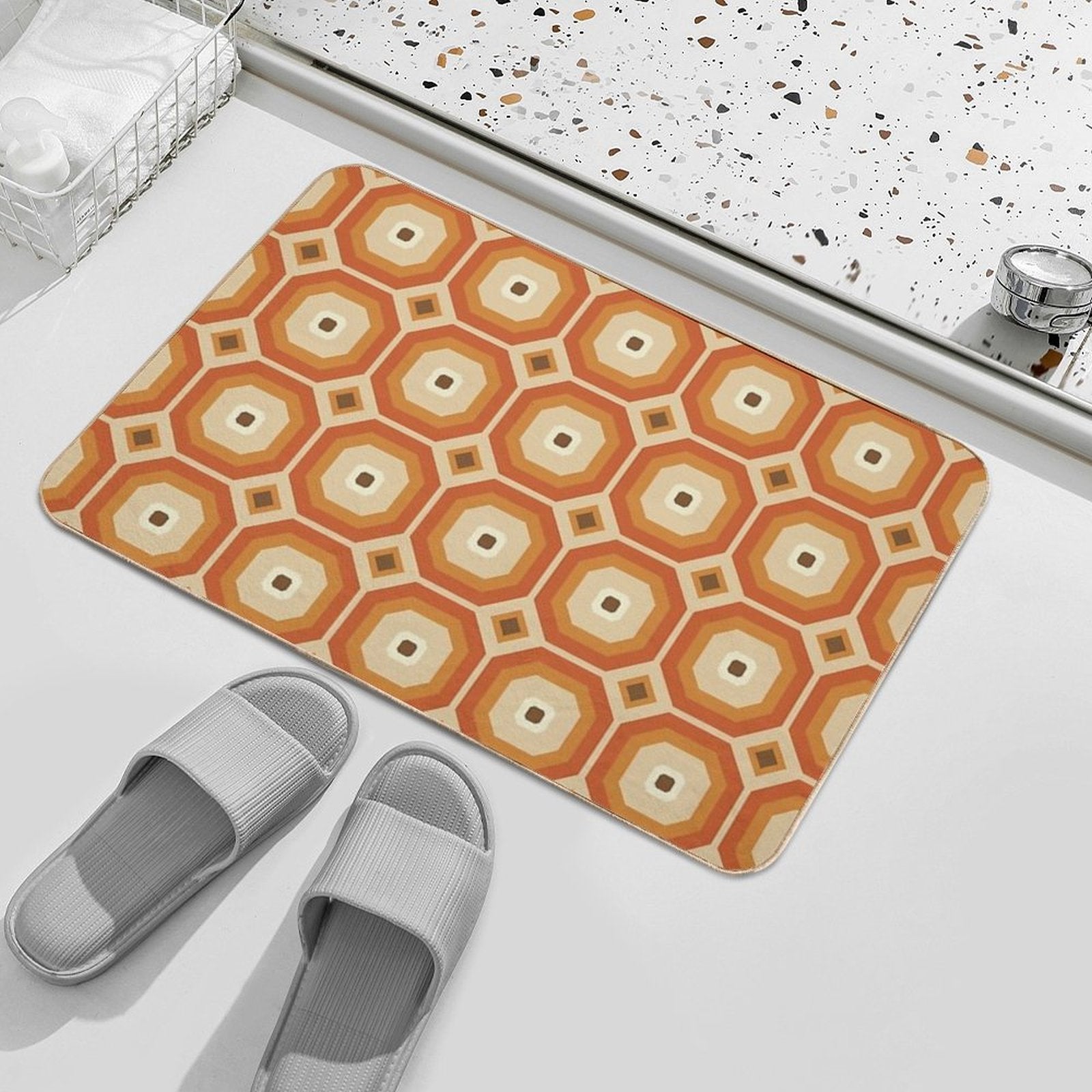 Brown, Orange And Ivory Geometric Retro Octagon Pattern  Non-Slip Bath Mat