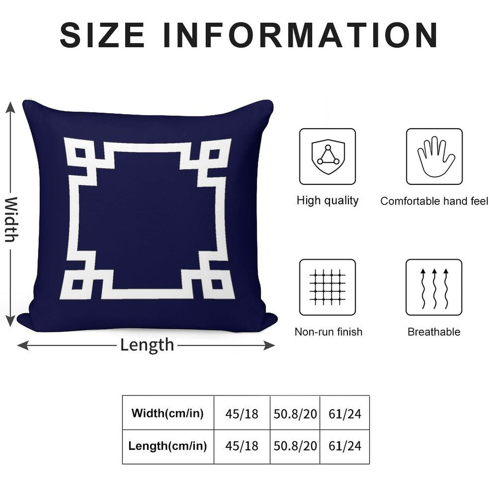Greek Key Square White On Navy Blue Soft Short Plush Fabric Throw Pillow