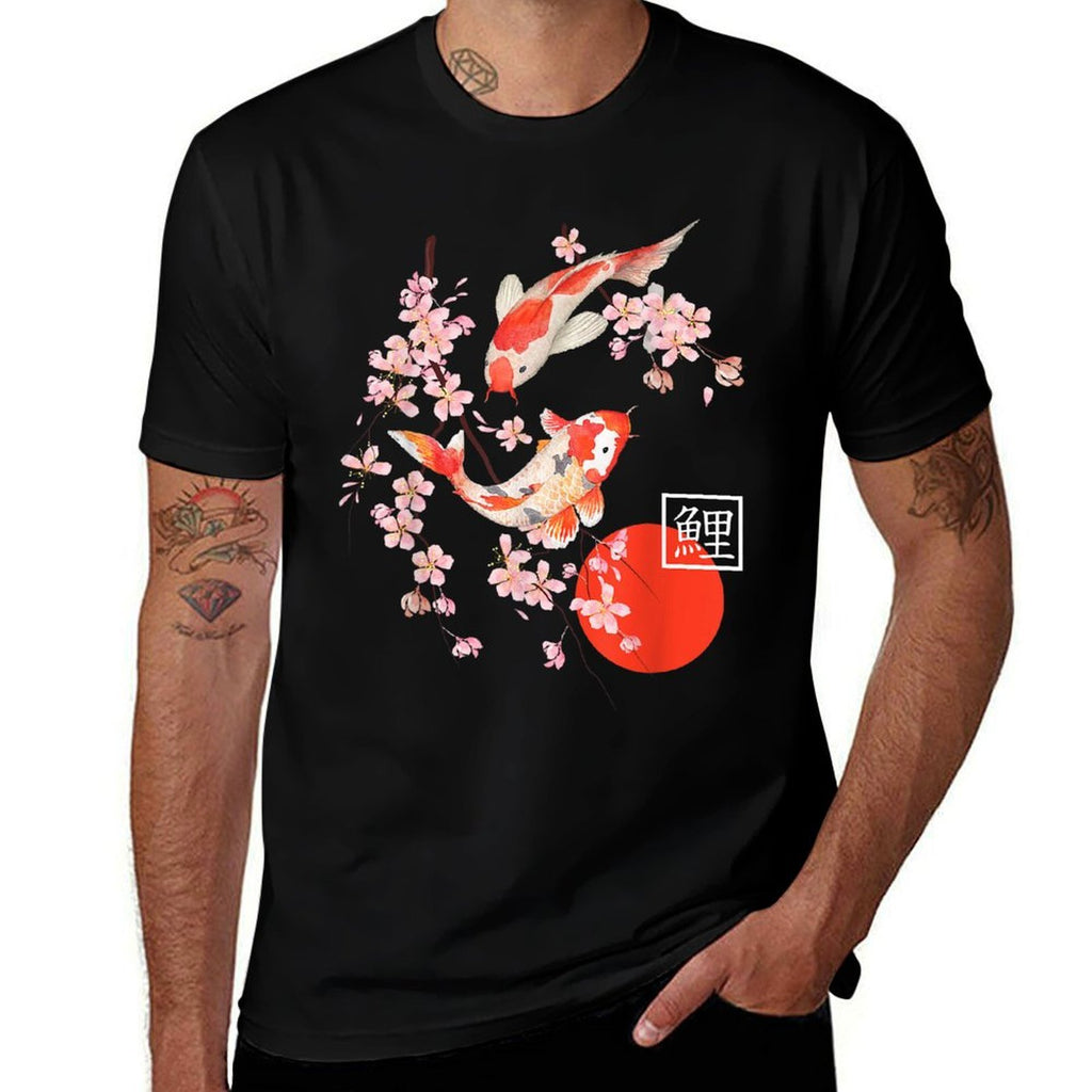 Cherry Blossom Koi Carp Fish Japanese Sakura Graphic Art  Cotton T-Shirt