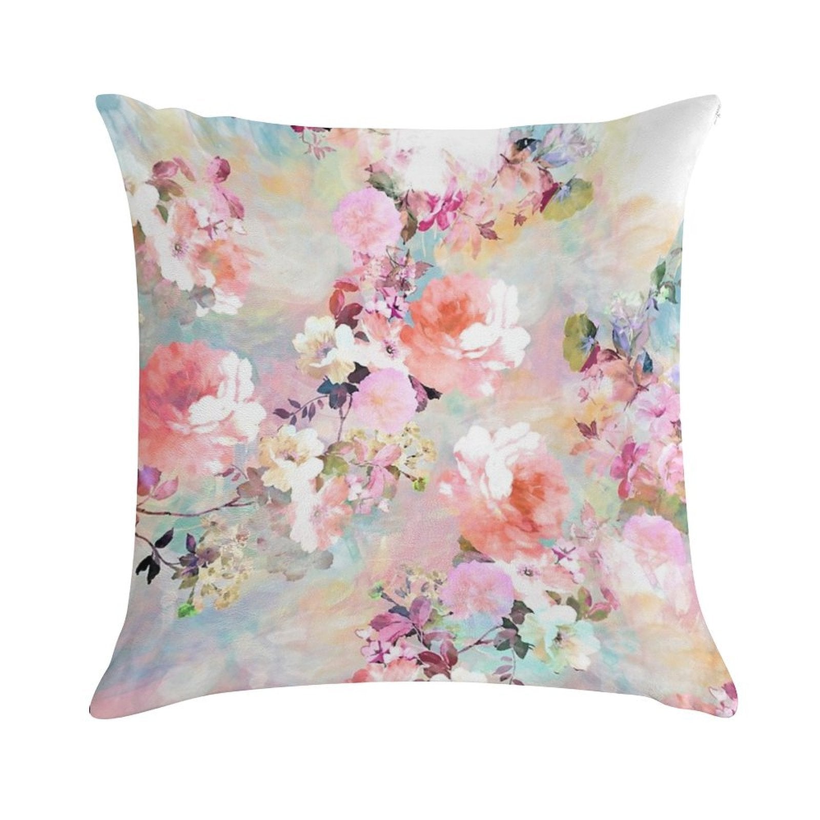Romantic Pink Teal Watercolor Chic Floral Pattern Soft Reinforced Edging Throw Pillow