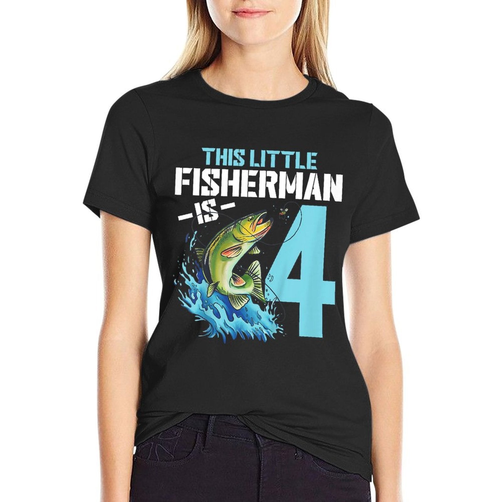 Kids Fishing Birthday 4 Year Old Boy Fisher 4th Bday Kids  Rolled Sleeves T-Shirt