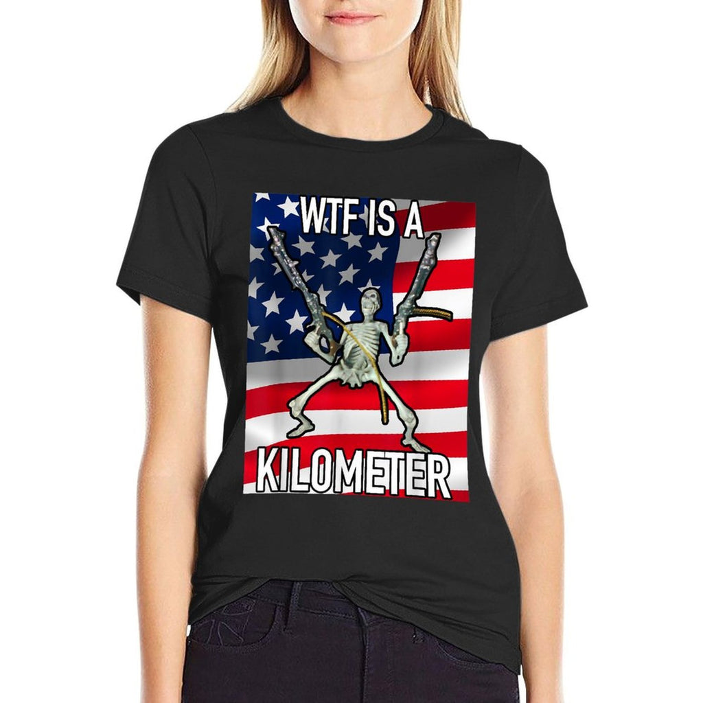 WTF Is A Kilometer July 4th Skeleton Funny Cringey USA Meme  Ribbed Collar T-Shirt