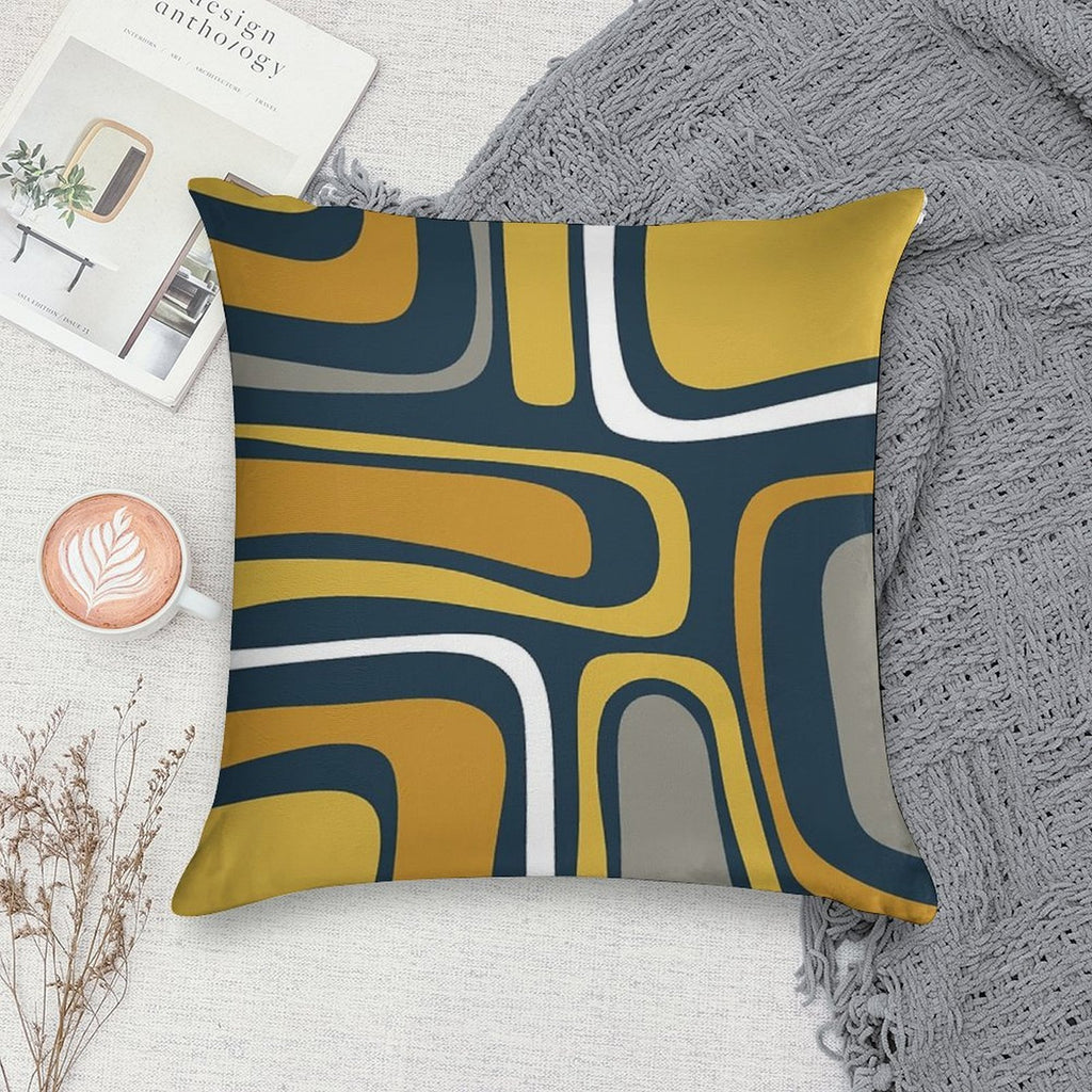 Palm Springs Mid-Century Modern Abstract Pattern in Light And Dark Mustard, Gray, And White on Navy Blue Soft Skin-Friendly Throw Pillow