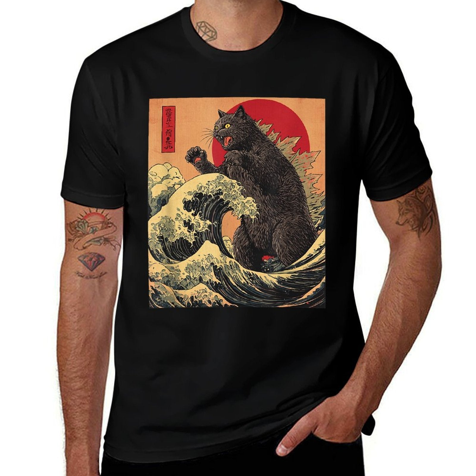 Catzilla Cat Japanese Anime Kawaii Sunset  High-quality Stitching T-Shirt
