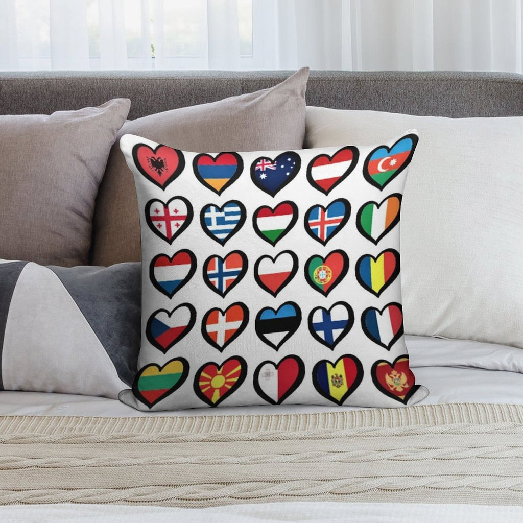 Eurovision Song Contest Flags Hearts ESC EBU Eurofans Soft Hidden Zipper Throw Pillow