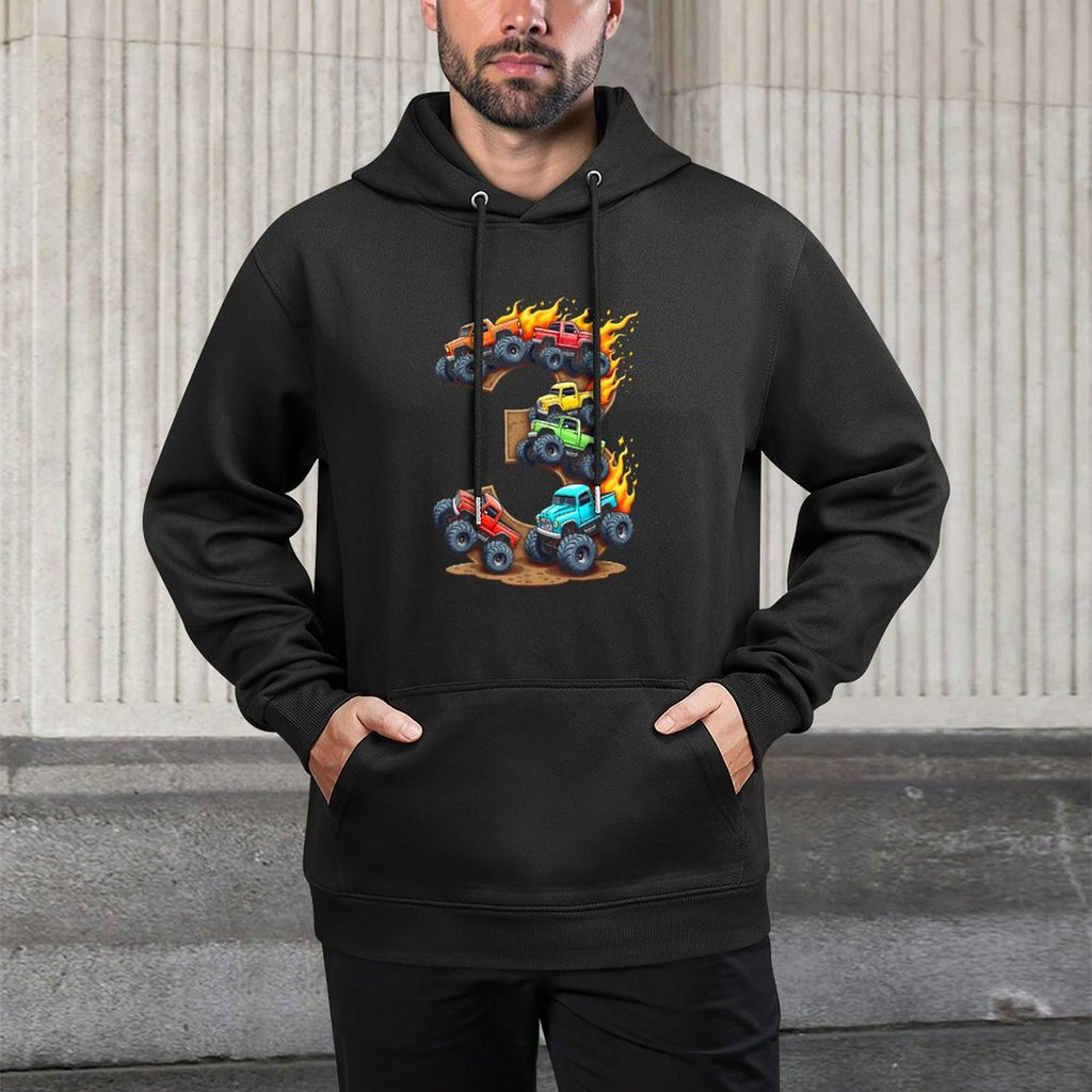 3 Year Old Monster Truck Boy Toddler 3rd Birthday Party Cotton-Polyester Blend Hoodie