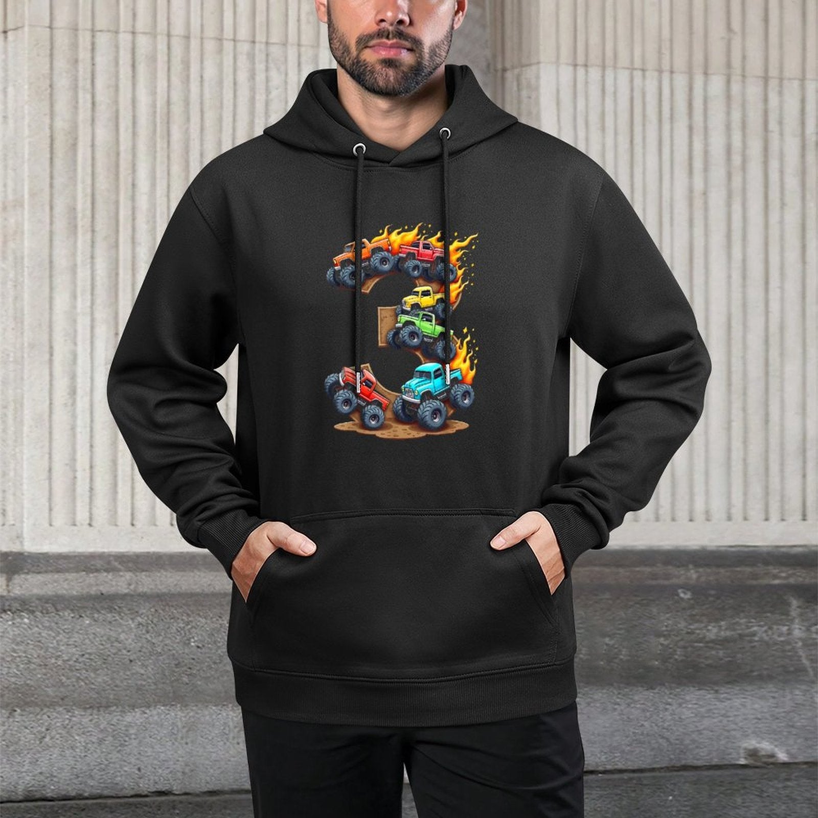3 Year Old Monster Truck Boy Toddler 3rd Birthday Party Cotton-Polyester Blend Hoodie
