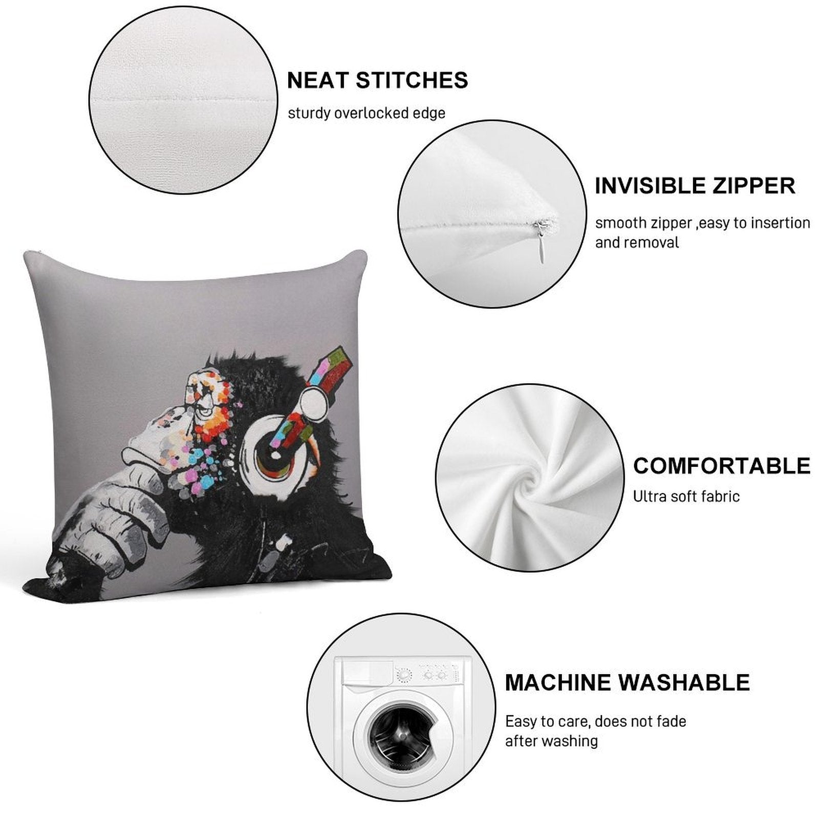 DJ Monkey With Headphones Thinking - Thinker Chimp Soft Ultra-Soft Texture Throw Pillow