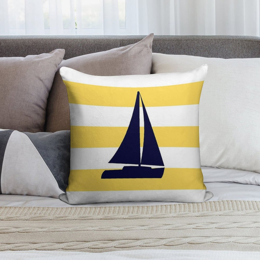 Nautical Navy Blue Sailboat On Mustard Yellow Stripes Soft Bedroom Essential Throw Pillow