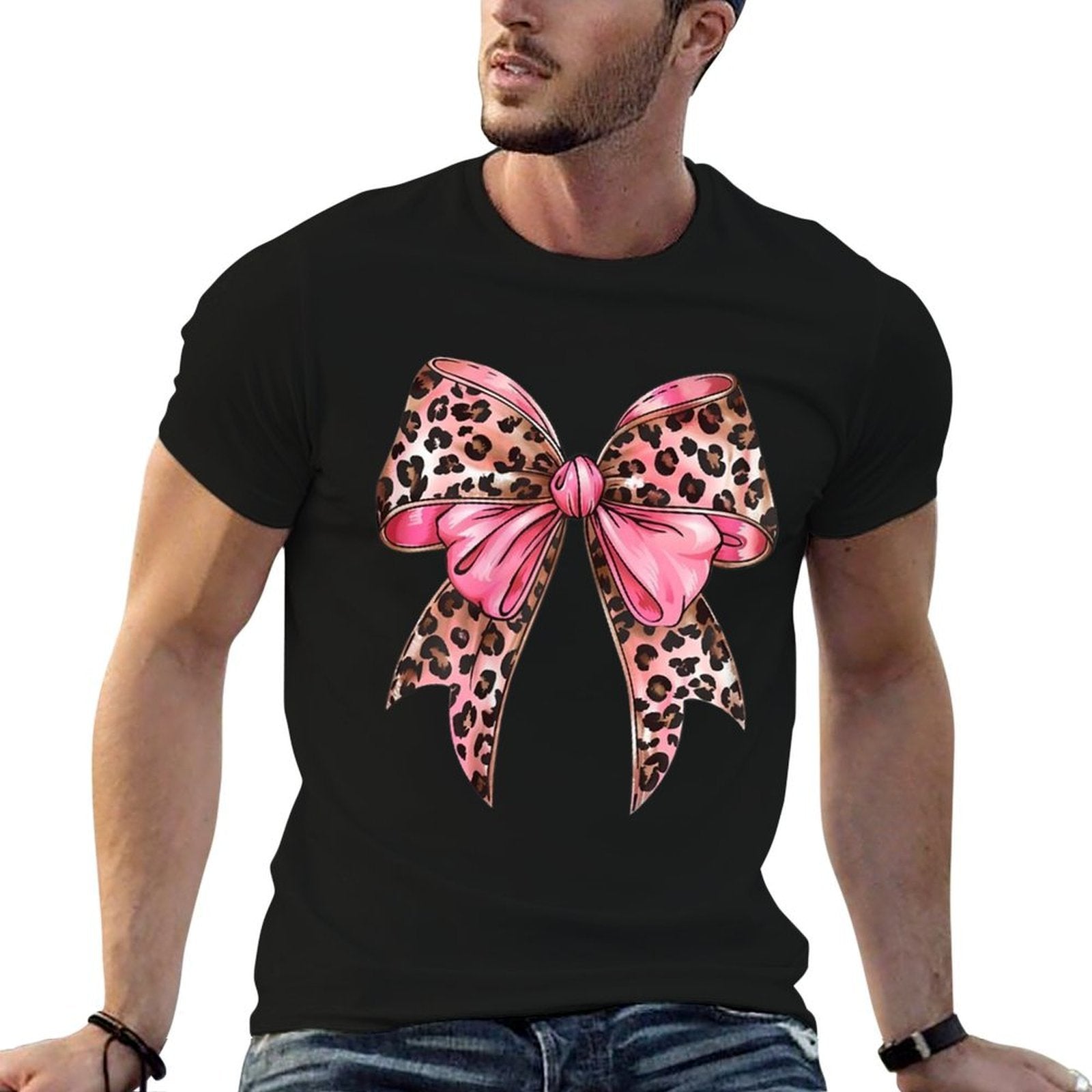 Leopard Coquette Bow Pink Leopard Bow Ribbon Watercolor Girl  Easy-care T-Shirt