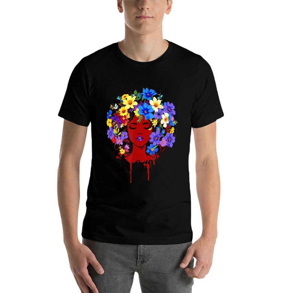 Afro Girl Flower Hair Black History Juneteenth Black Queen  Summer-ready Fabric T-Shirt