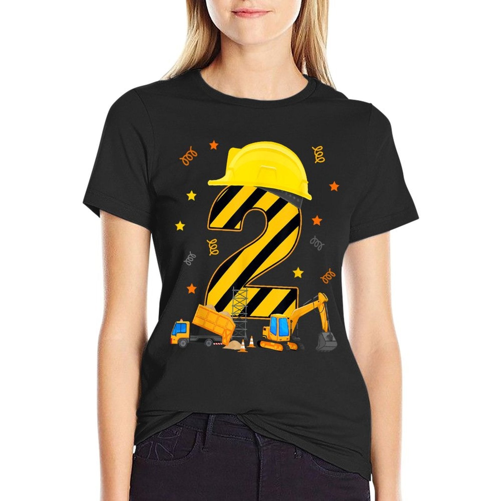 Two 2 Year Old 2nd Birthday Construction Vehicles 2yr  Fade-proof Color T-Shirt