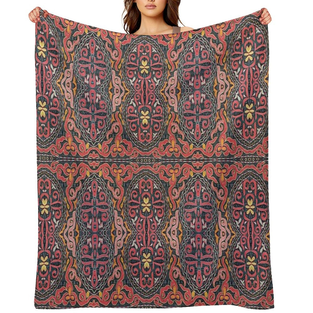 Red And Yellow Design Textile Art Premium Throw Blanket