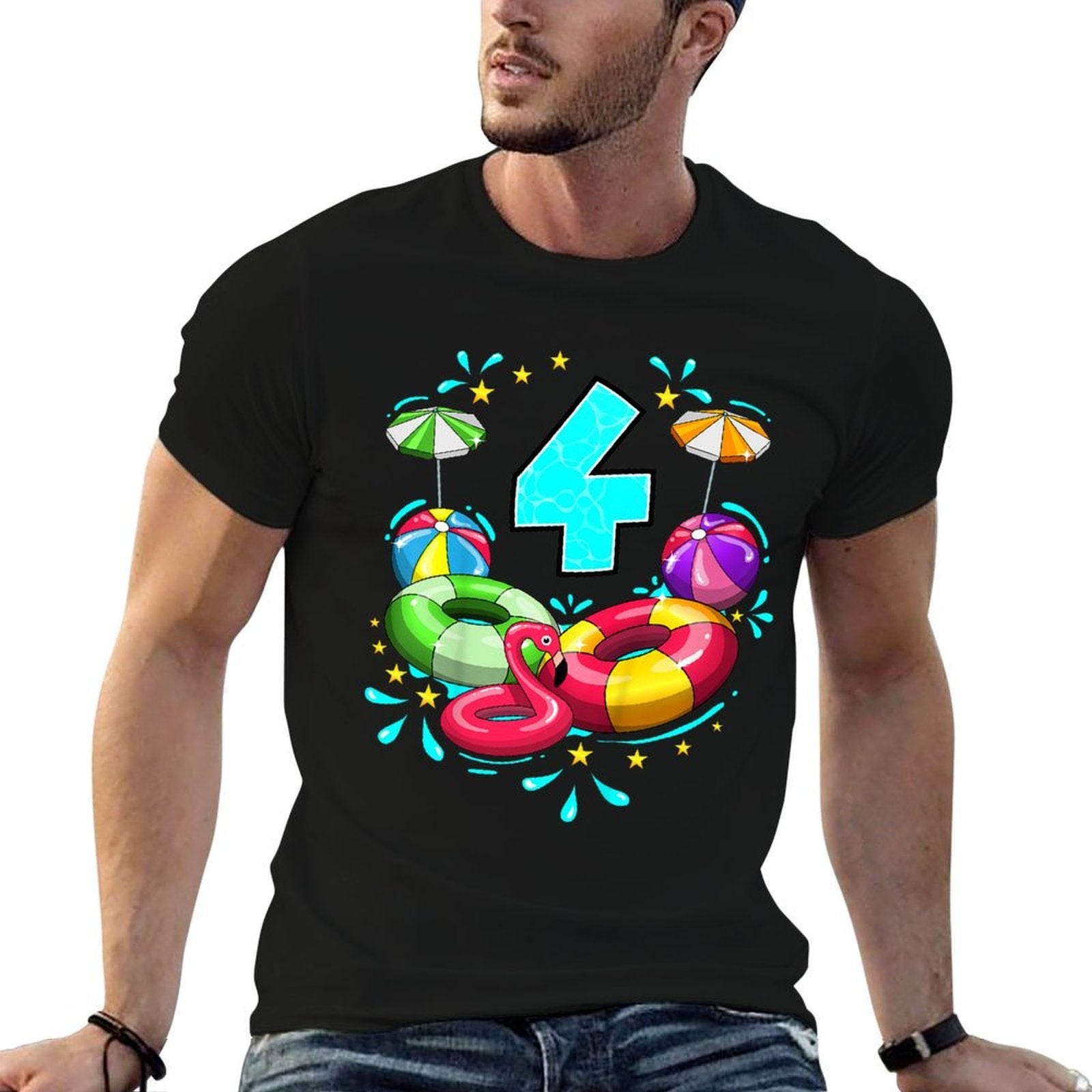 Kids 4th Birthday Pool Party 4 Years Old Beach Ball Summer  Slim-fit Cut T-Shirt