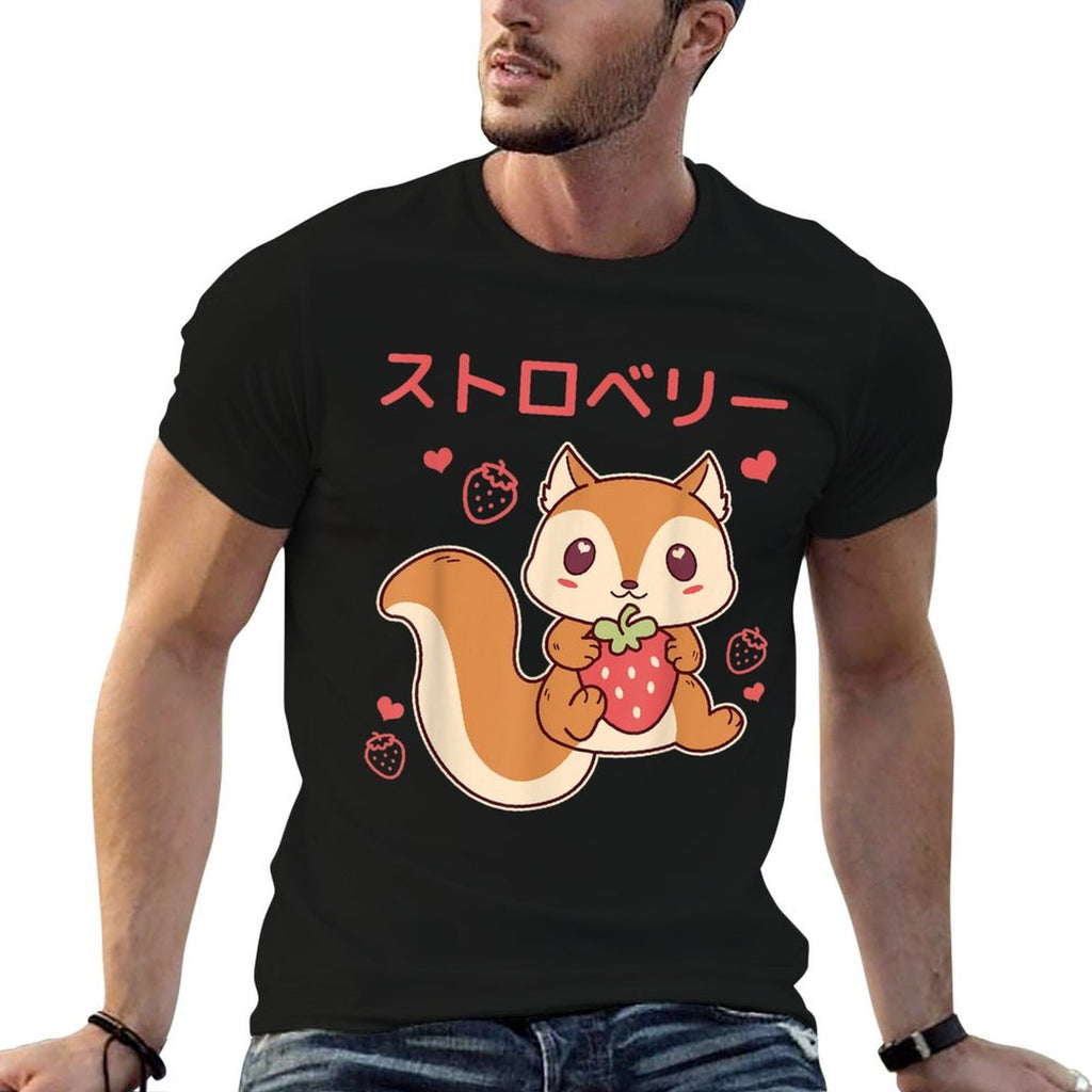 Cute Anime Squirrel Embrace Strawberry Kawaii  Rolled Sleeves T-Shirt