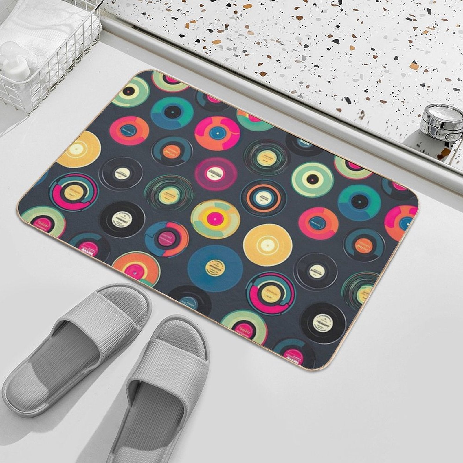 Retro Vinyl Records Print  Fade-Resistant Bath Mat