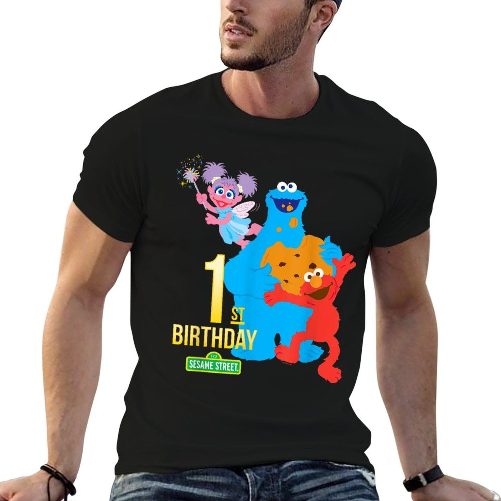 Sesame Street 1st Birthday Black Classic Fit Crew Neck  Cotton T-Shirt