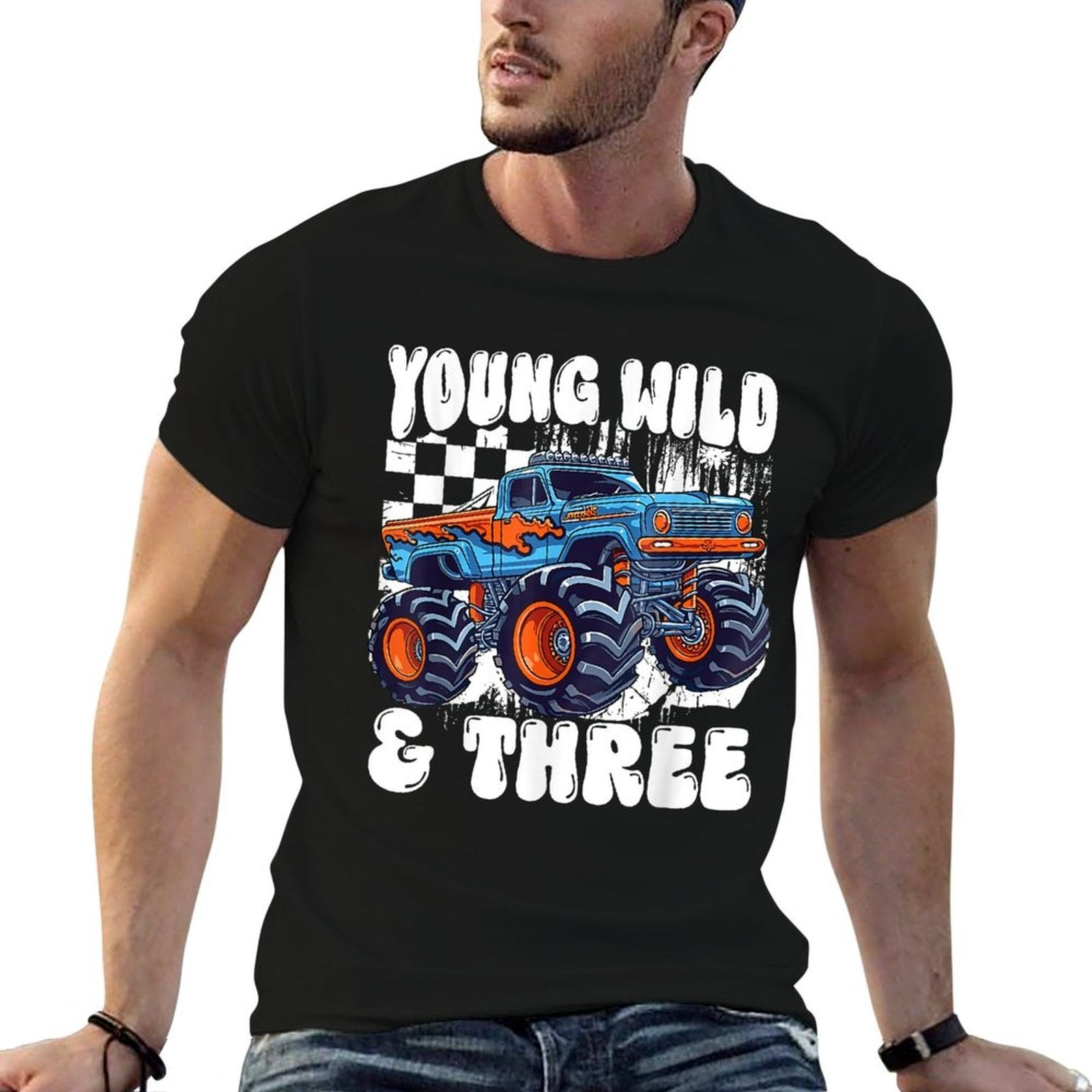 3rd Birthday Monster Truck Young Wild And Three 3 Year Old  Cotton T-Shirt