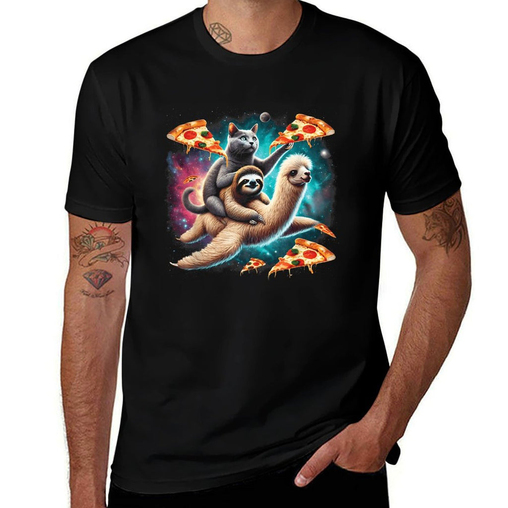 Space Cat Riding Sloth Llama Pizza Floating In Space  Wrinkle-resistant T-Shirt