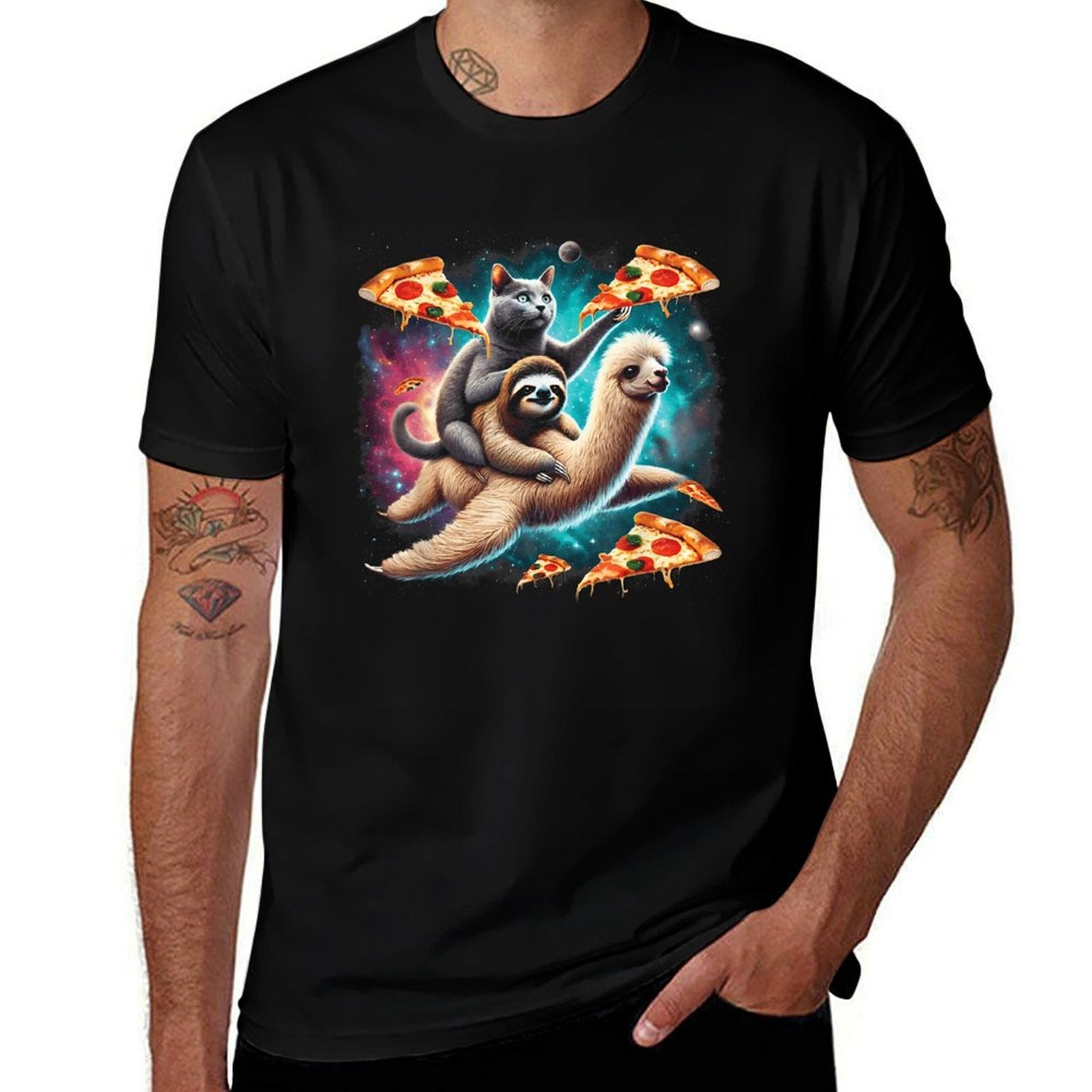 Space Cat Riding Sloth Llama Pizza Floating In Space  Wrinkle-resistant T-Shirt