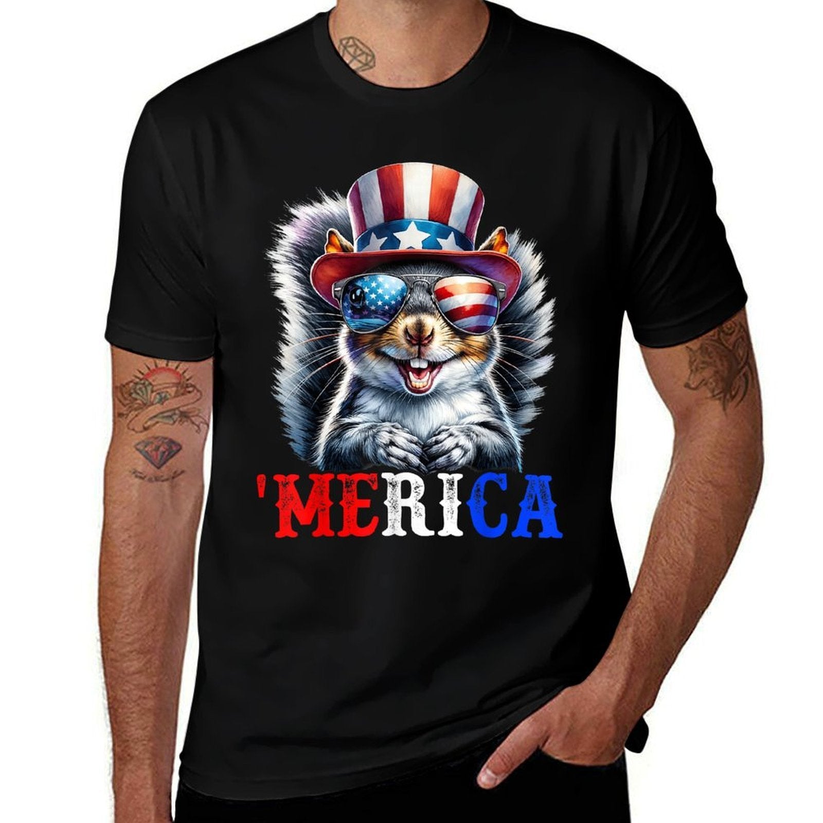 Merica Grey Squirrel Patriotic 4th of July Funny Men Women  Oversized Silhouette T-Shirt