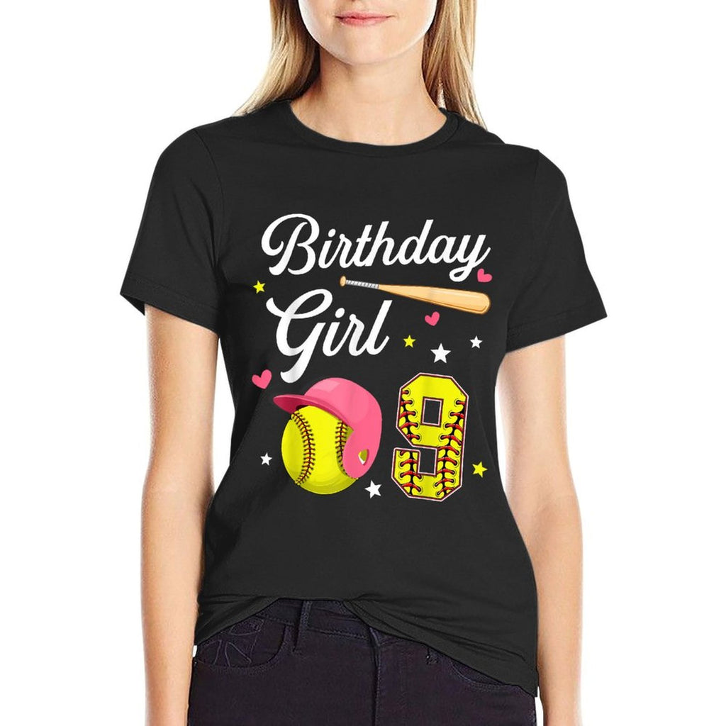 9th Birthday Girl Softball Ninth Bday 9 Yrs Nine Years Old  Heathered Texture T-Shirt