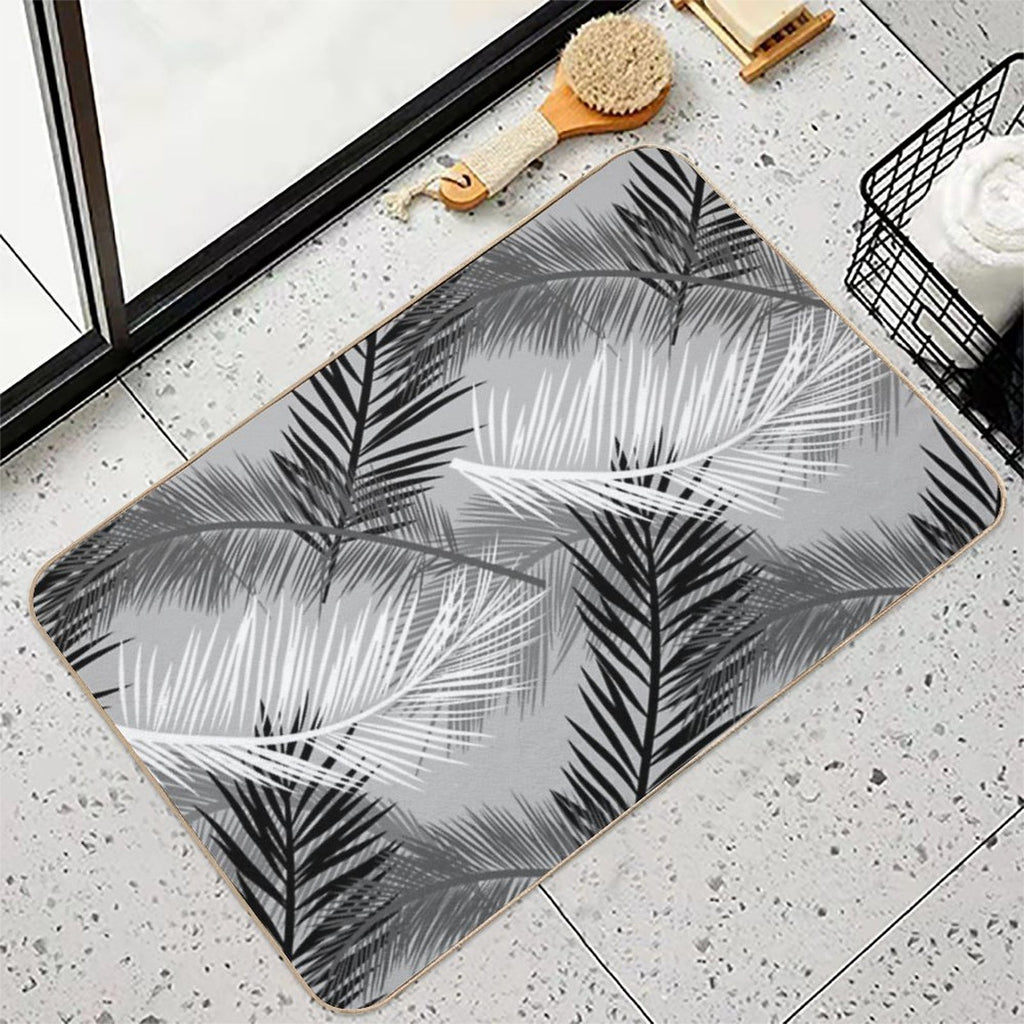 Palm Leaf Print, Gray, Black And White  Fade-Resistant Bath Mat