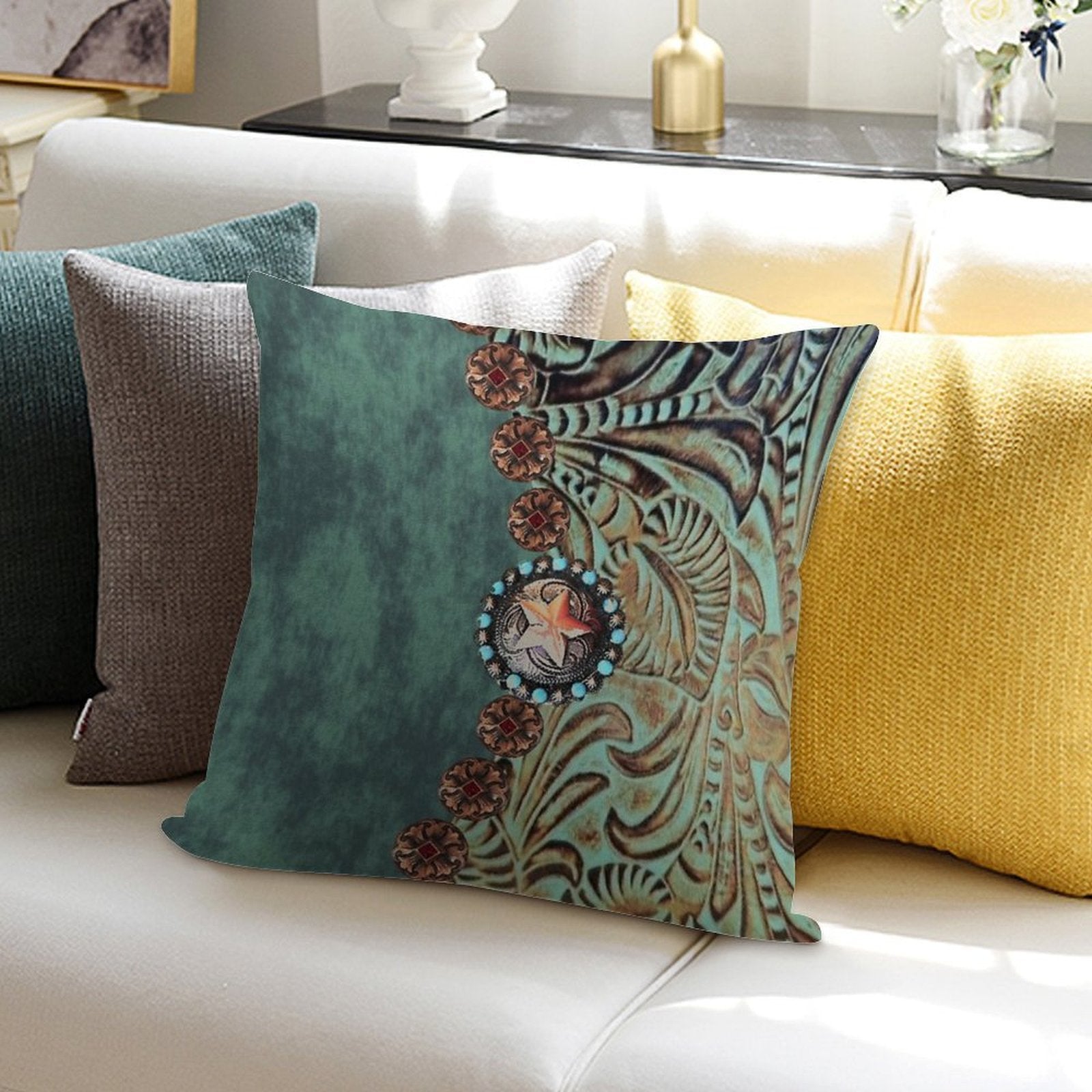 Rustic Cowboy Cowgirl Western Country Green Teal Soft Luxury Feel Throw Pillow