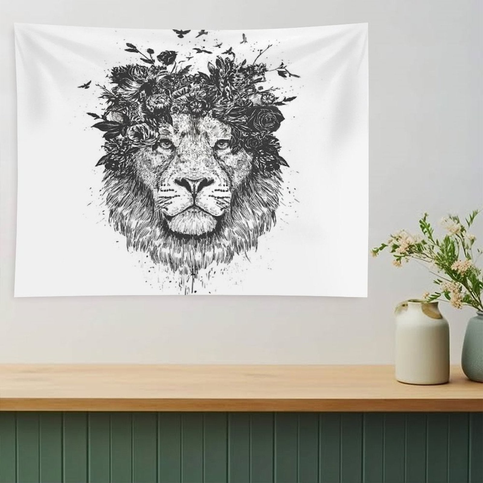 Floral Lion (bw) Tapestry