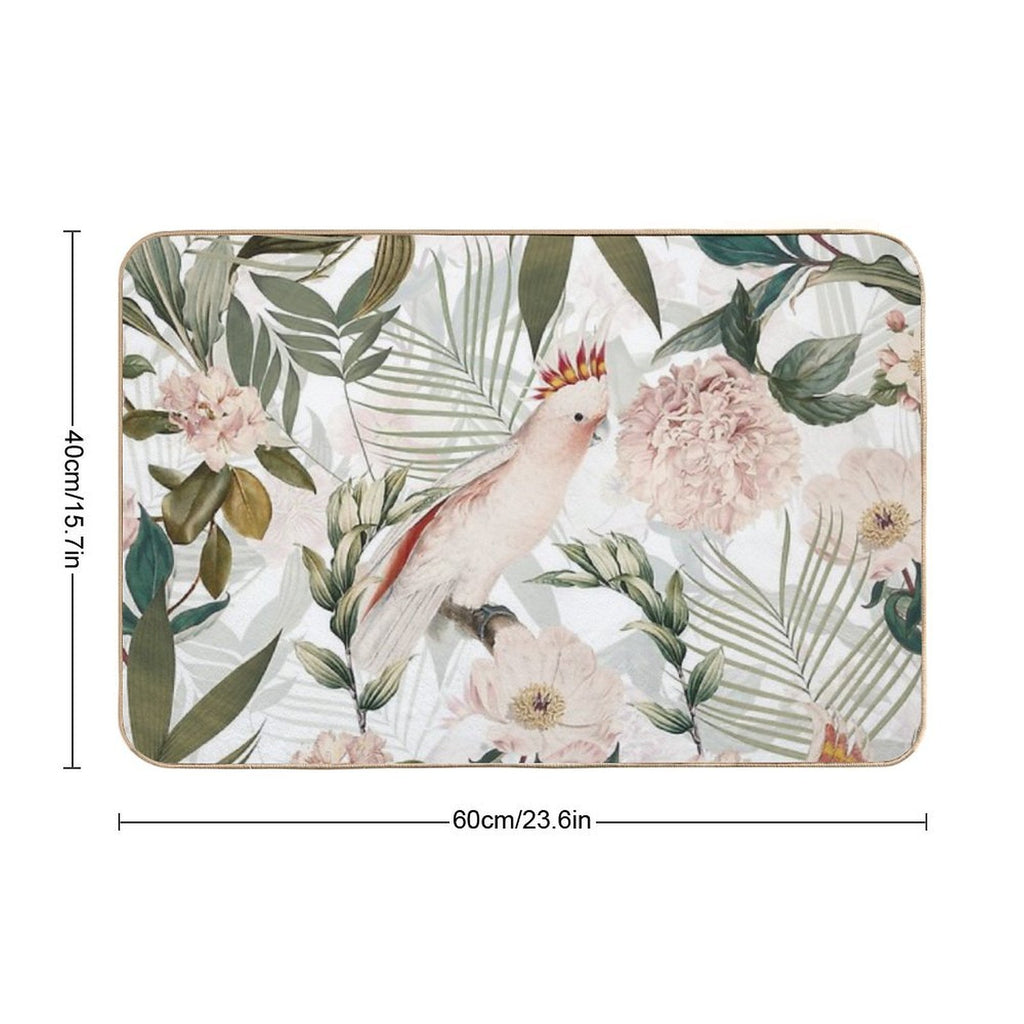 Tropical Cockatoo And Jungle Botanical Garden Pattern - White  Rapid-Drying Bath Mat
