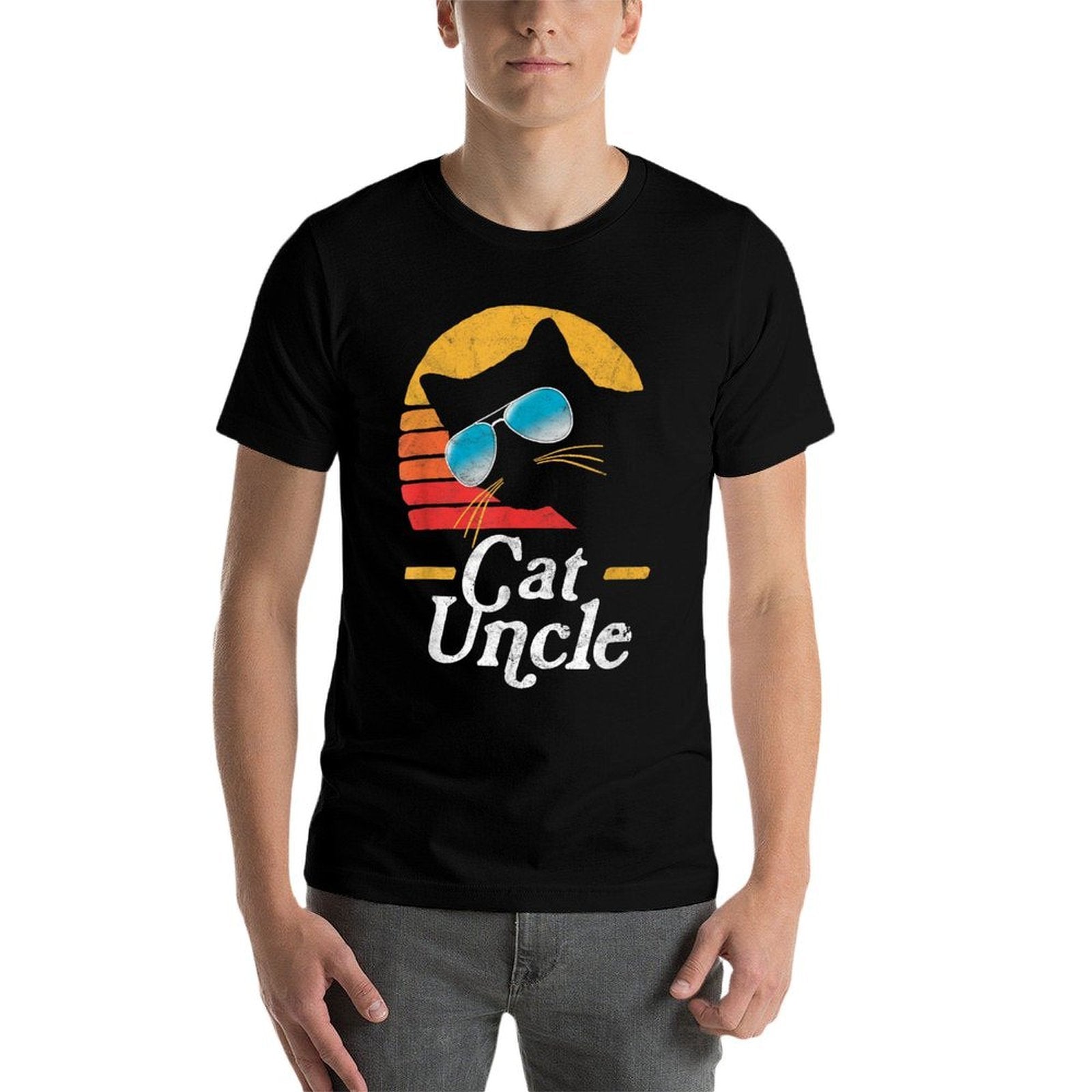 Cat Uncle Vintage 80s Style Cat Retro Sunglasses Distressed  Rolled Sleeves T-Shirt