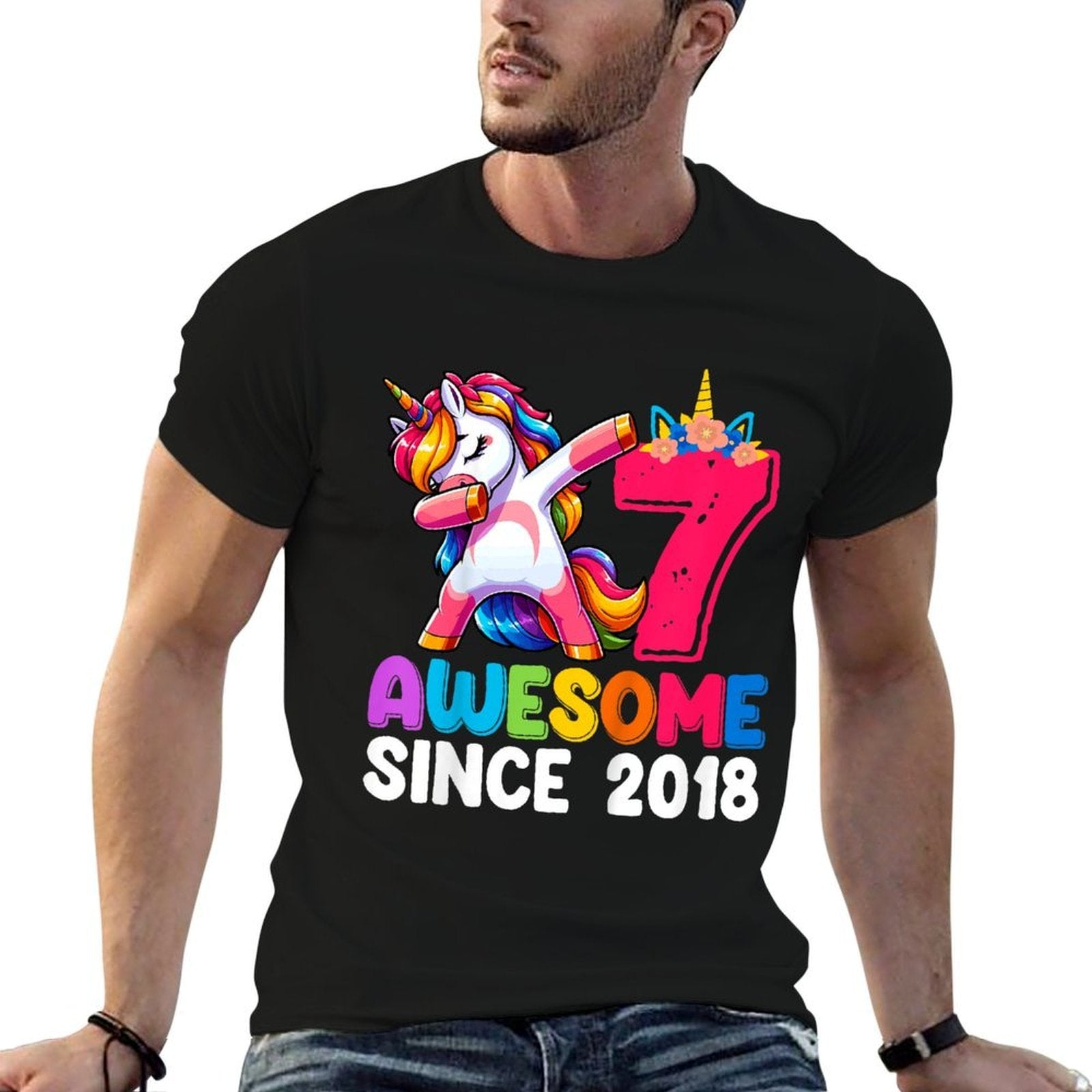 Kids Awesome Since 2018 Dabbing Unicorn Girls 7 Year Old Birthday  Rolled Sleeves T-Shirt